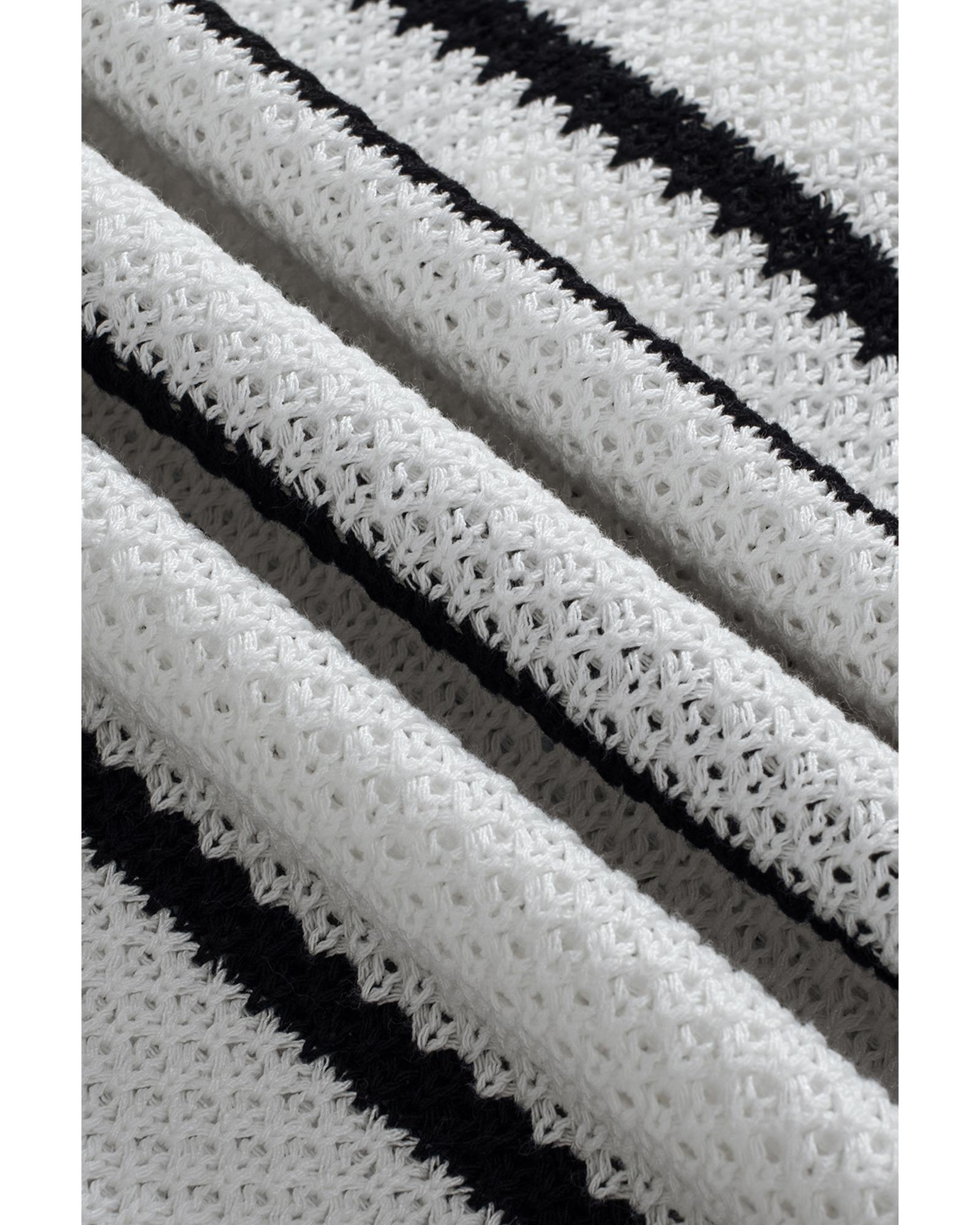 White Stripe Henley Buttoned Placket Drop Shoulder Bracelet Sleeve Knit Sweater Tee - XL