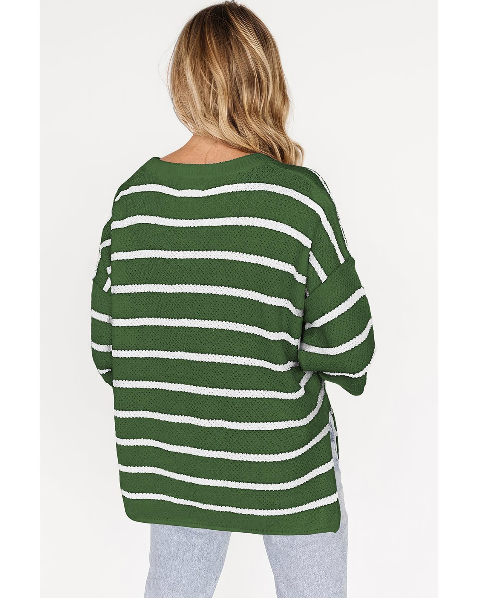 Green Stripe Henley Buttoned Placket Drop Shoulder Bracelet Sleeve Knit Sweater Tee - XL