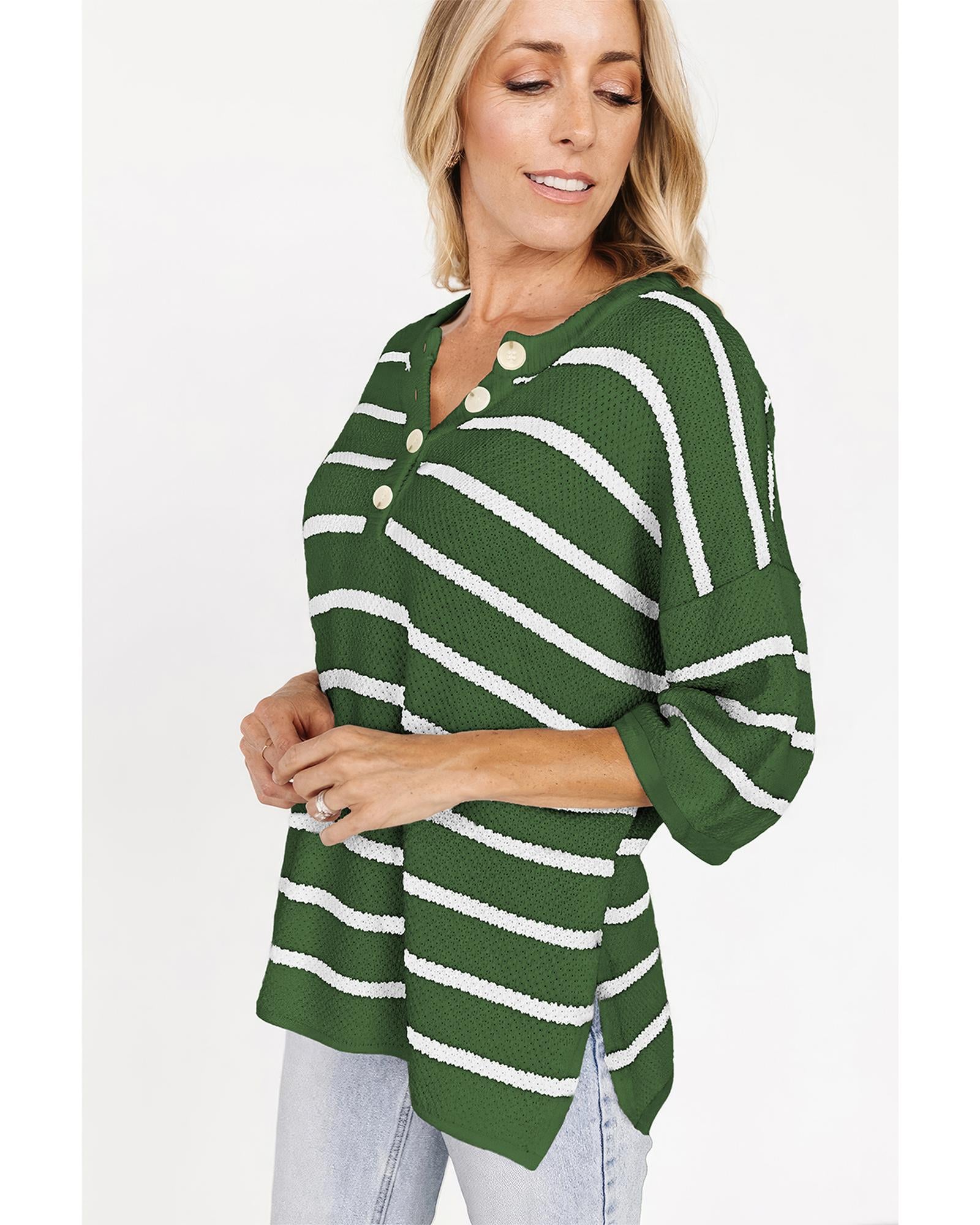 Green Stripe Henley Buttoned Placket Drop Shoulder Bracelet Sleeve Knit Sweater Tee - XL