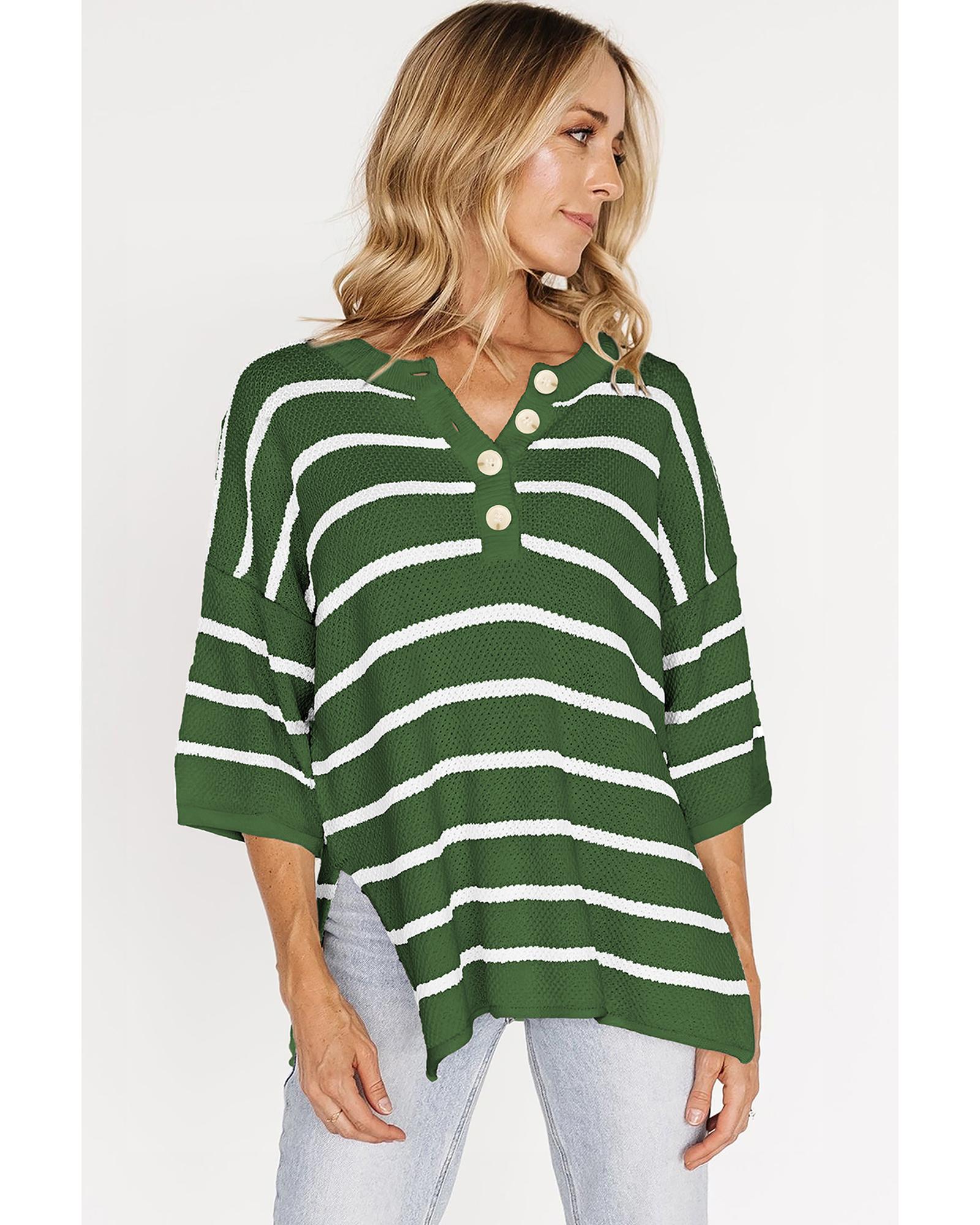 Green Stripe Henley Buttoned Placket Drop Shoulder Bracelet Sleeve Knit Sweater Tee - XL