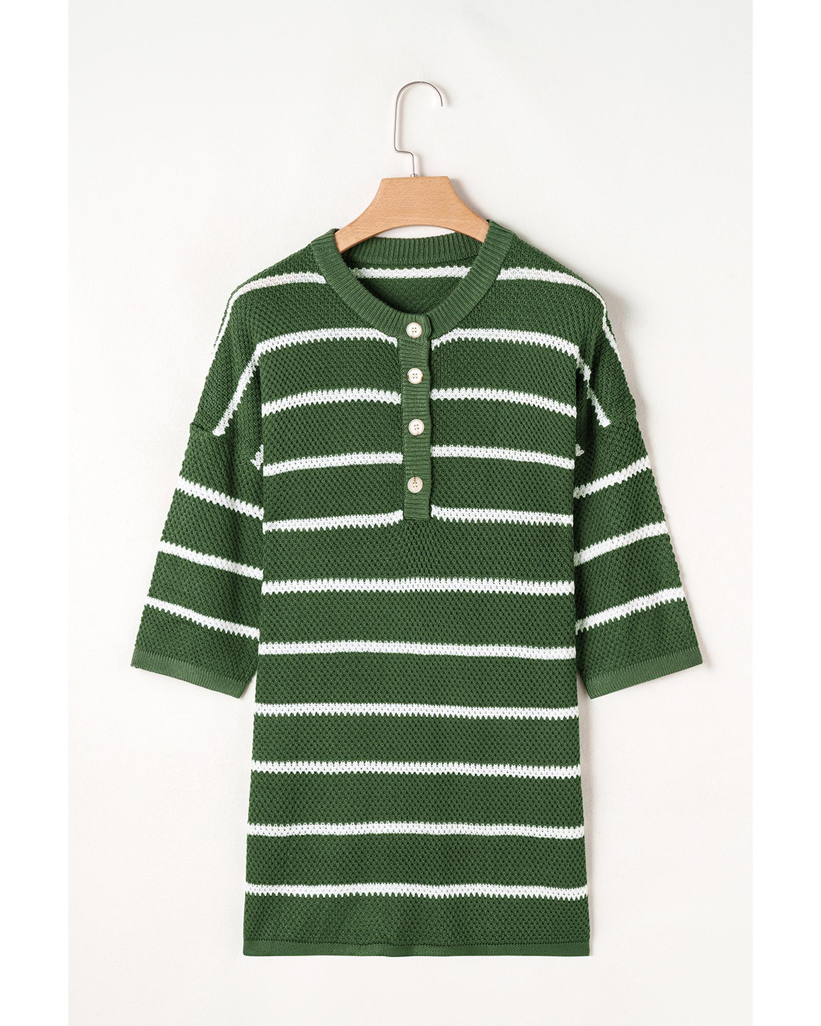 Green Stripe Henley Buttoned Placket Drop Shoulder Bracelet Sleeve Knit Sweater Tee - XL