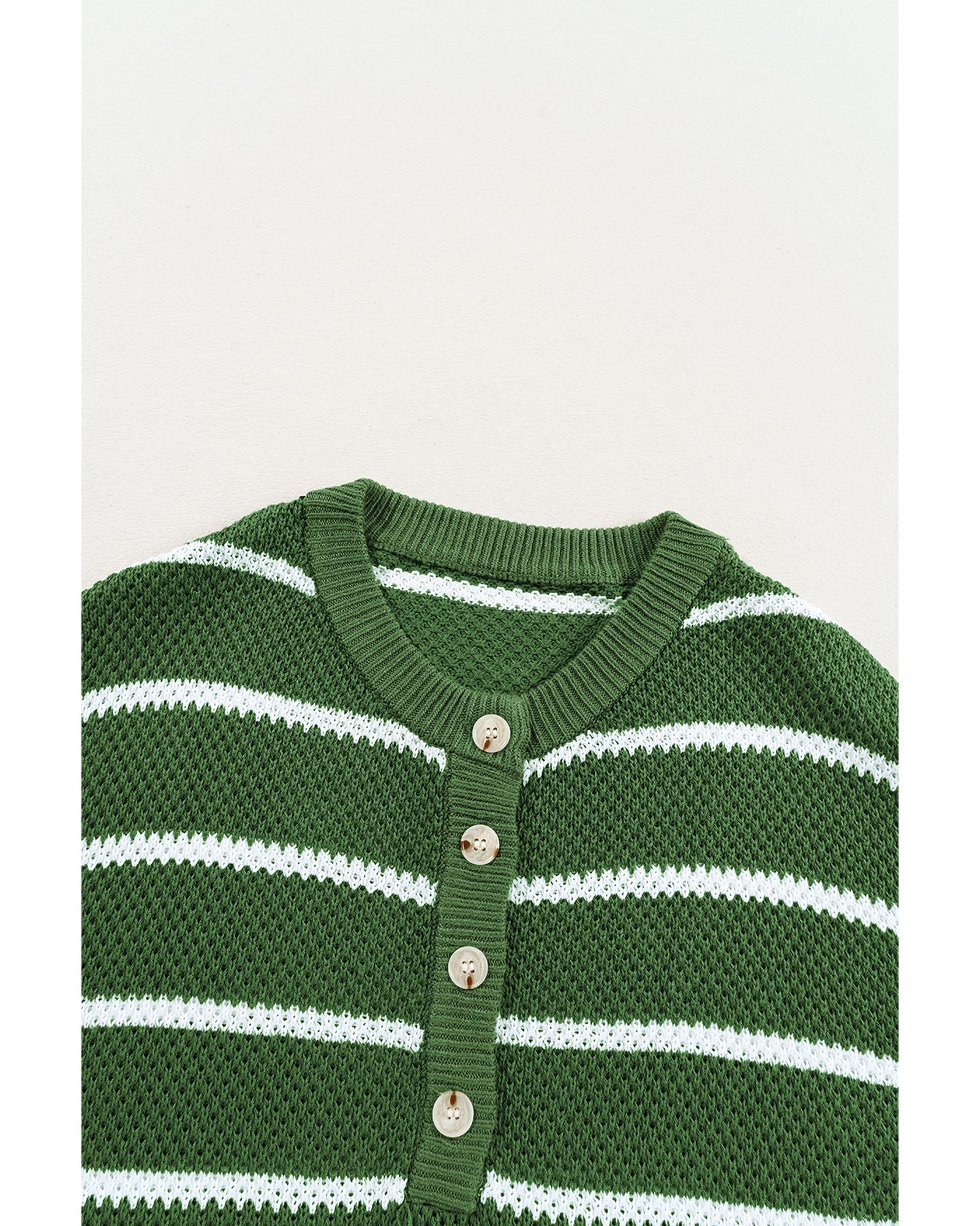 Green Stripe Henley Buttoned Placket Drop Shoulder Bracelet Sleeve Knit Sweater Tee - XL