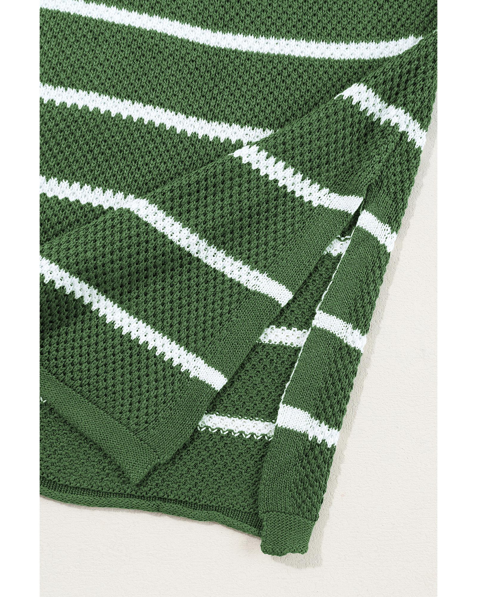 Green Stripe Henley Buttoned Placket Drop Shoulder Bracelet Sleeve Knit Sweater Tee - XL