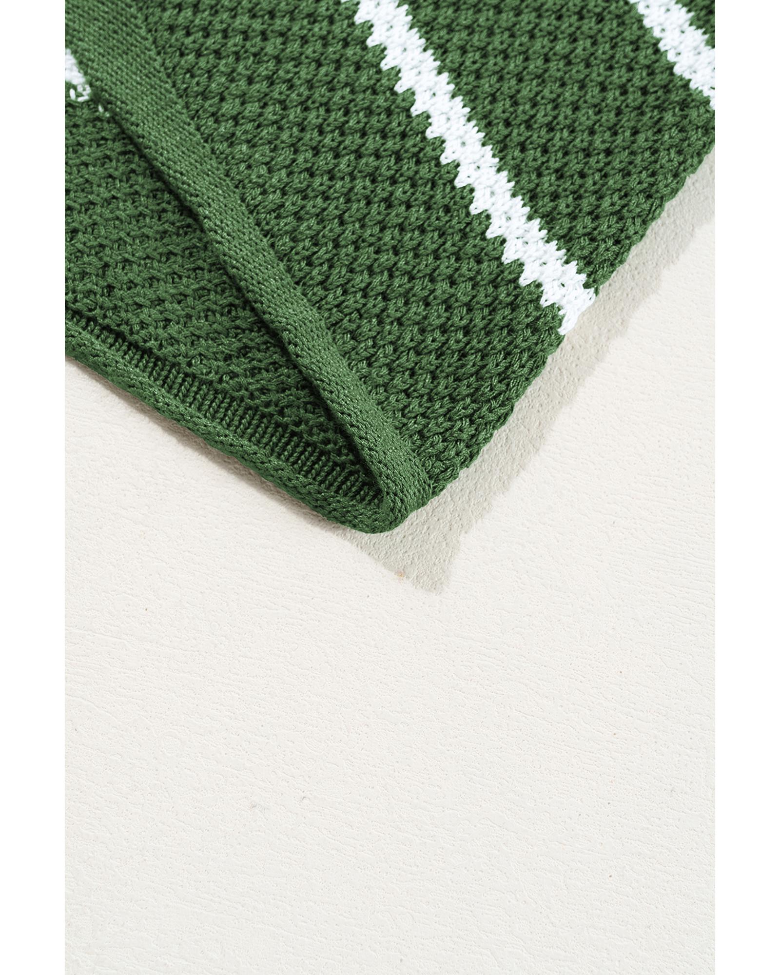 Green Stripe Henley Buttoned Placket Drop Shoulder Bracelet Sleeve Knit Sweater Tee - XL