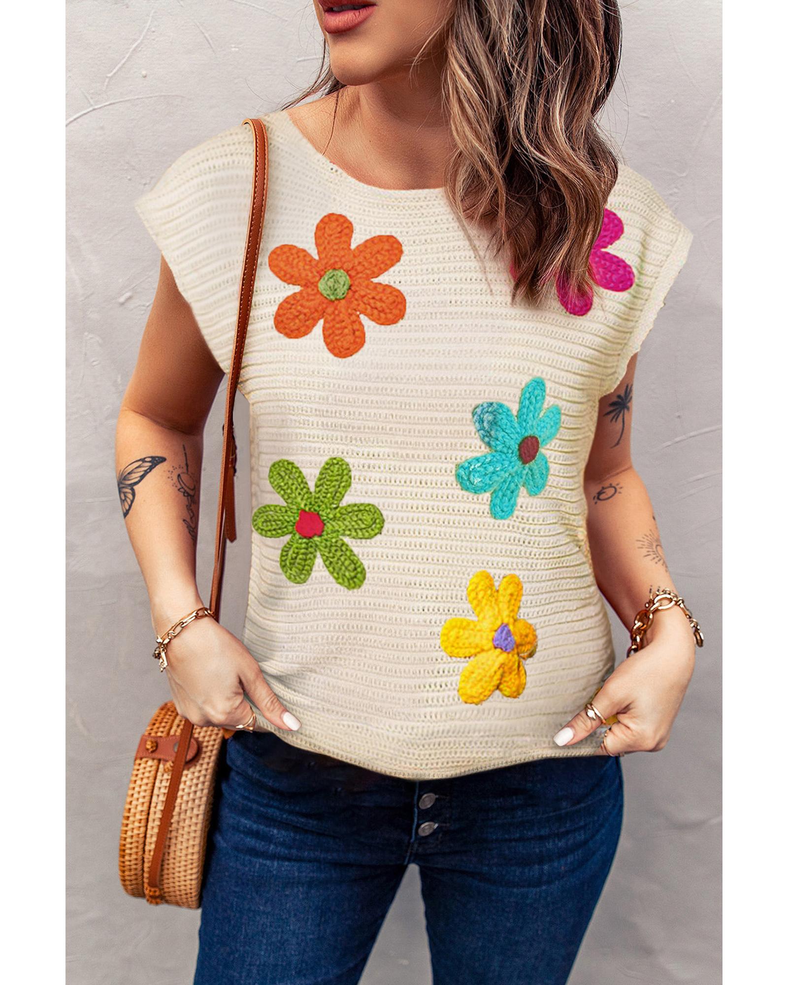 White Flower Crochet Round Neck Knitted Top - L