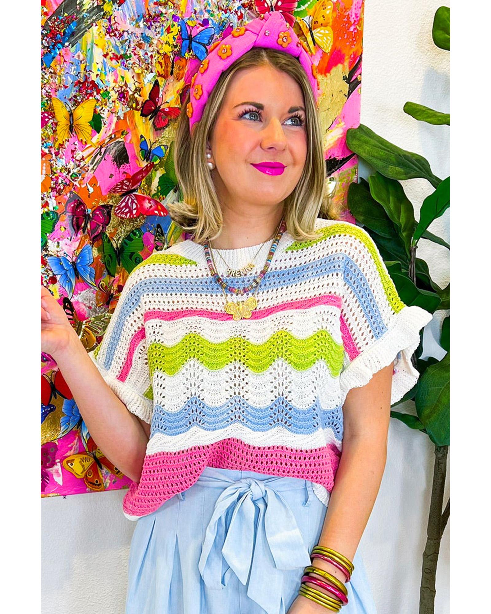 White Colorblock Crochet Knit Ruffled Short Sleeve Sweater Top - L