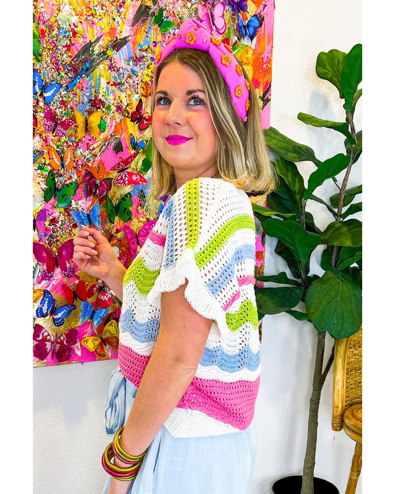 White Colorblock Crochet Knit Ruffled Short Sleeve Sweater Top - L