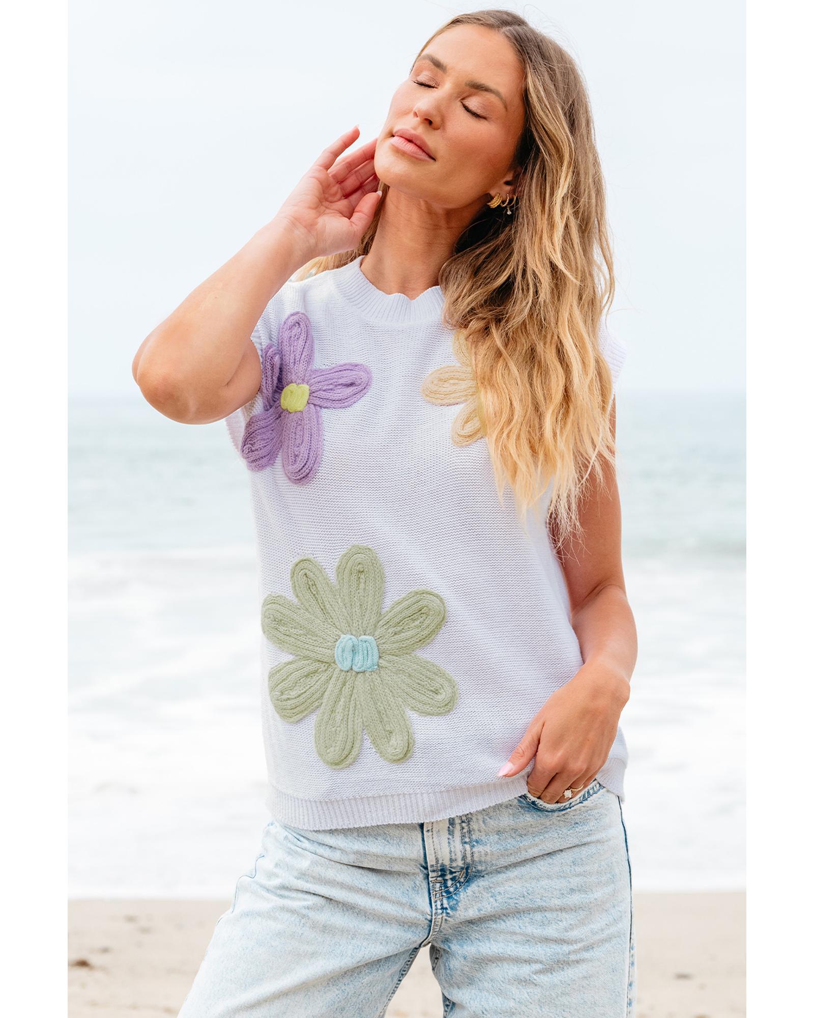 White Multi Crochet Flower Knit Short Sleeve Sweater Tops - M