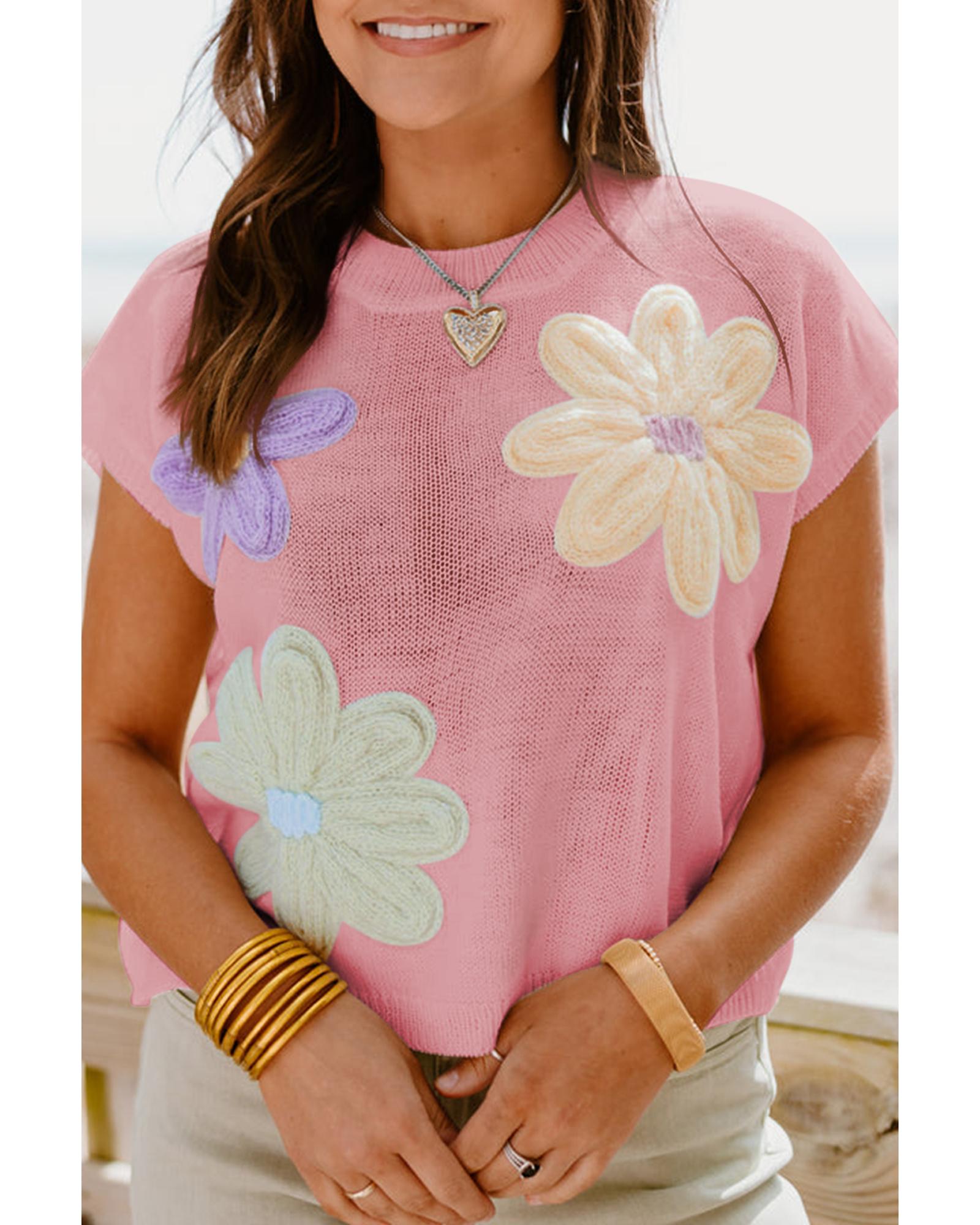 Pink Multi Crochet Flower Knit Short Sleeve Sweater Top - L