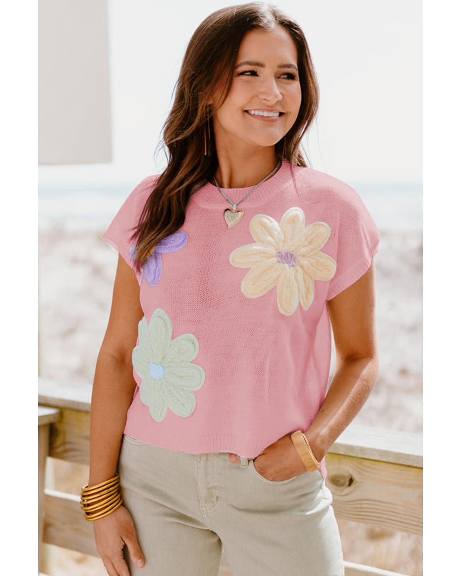 Pink Multi Crochet Flower Knit Short Sleeve Sweater Top - XL