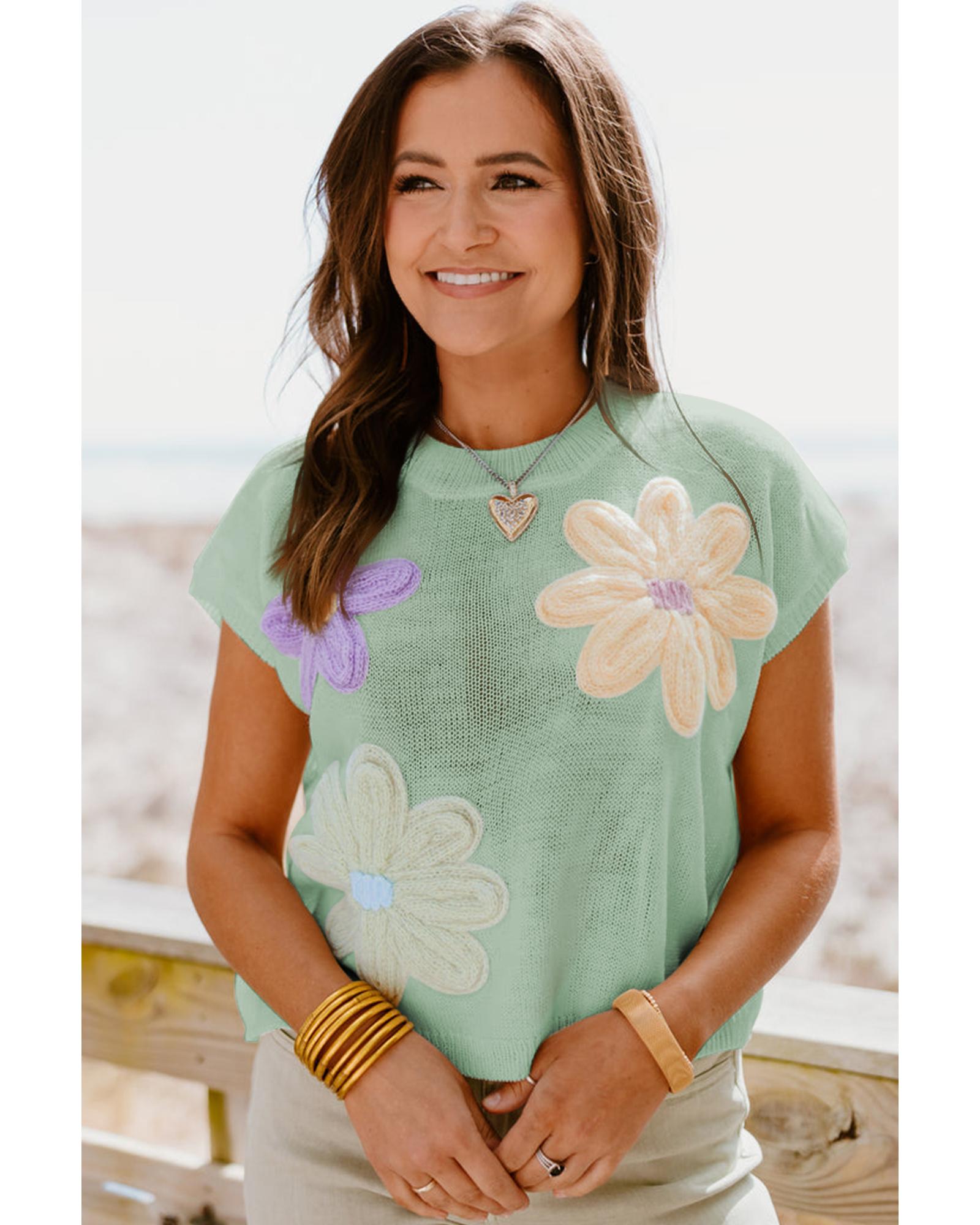 Moonlight Jade Multi Crochet Flower Knit Short Sleeve Sweater Top - XL