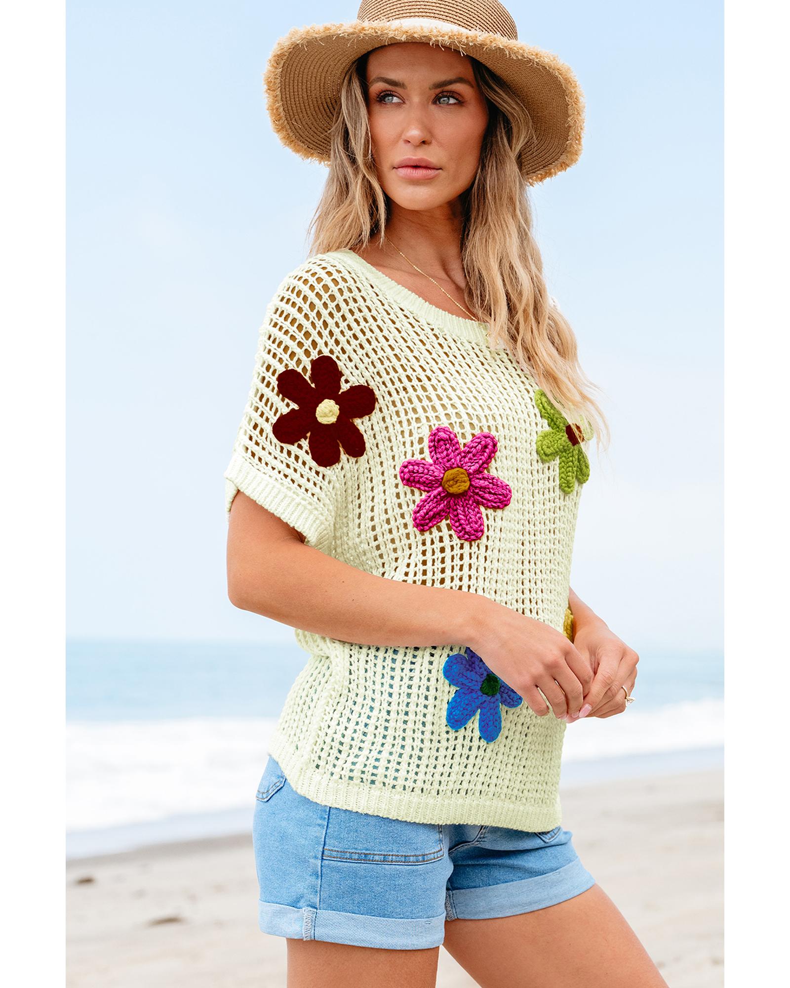 White Crochet Flower Hollow-out Sweater T Shirt - L