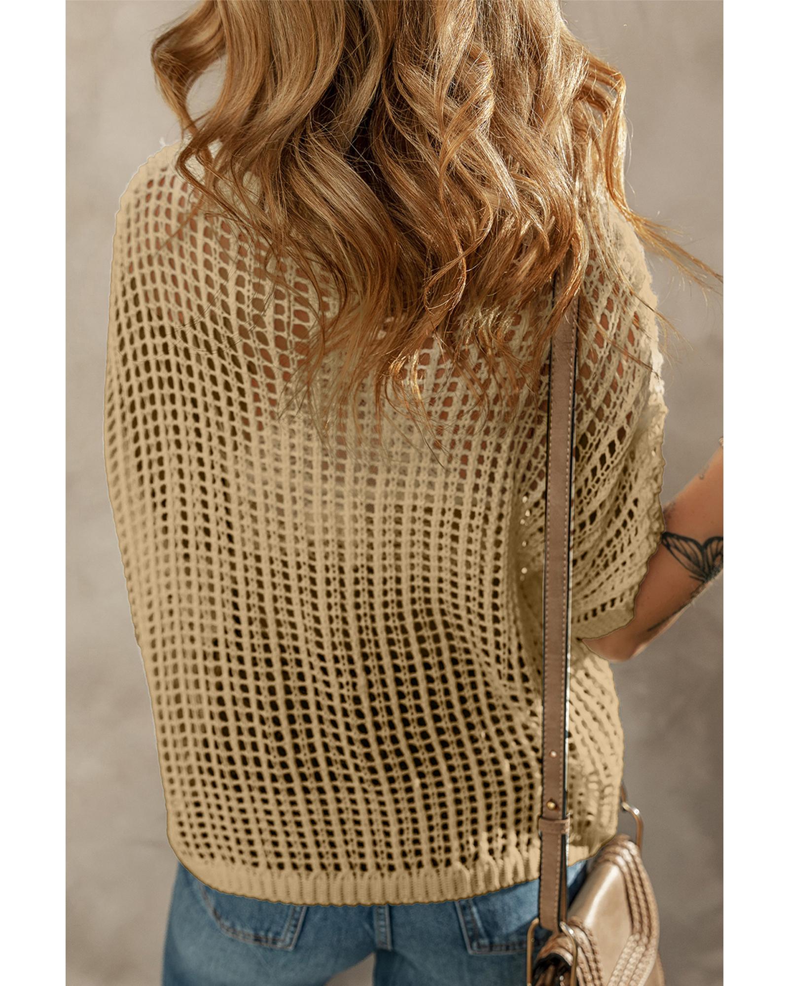 Light French Beige Crochet Flower Hollow-out Sweater T Shirt - M