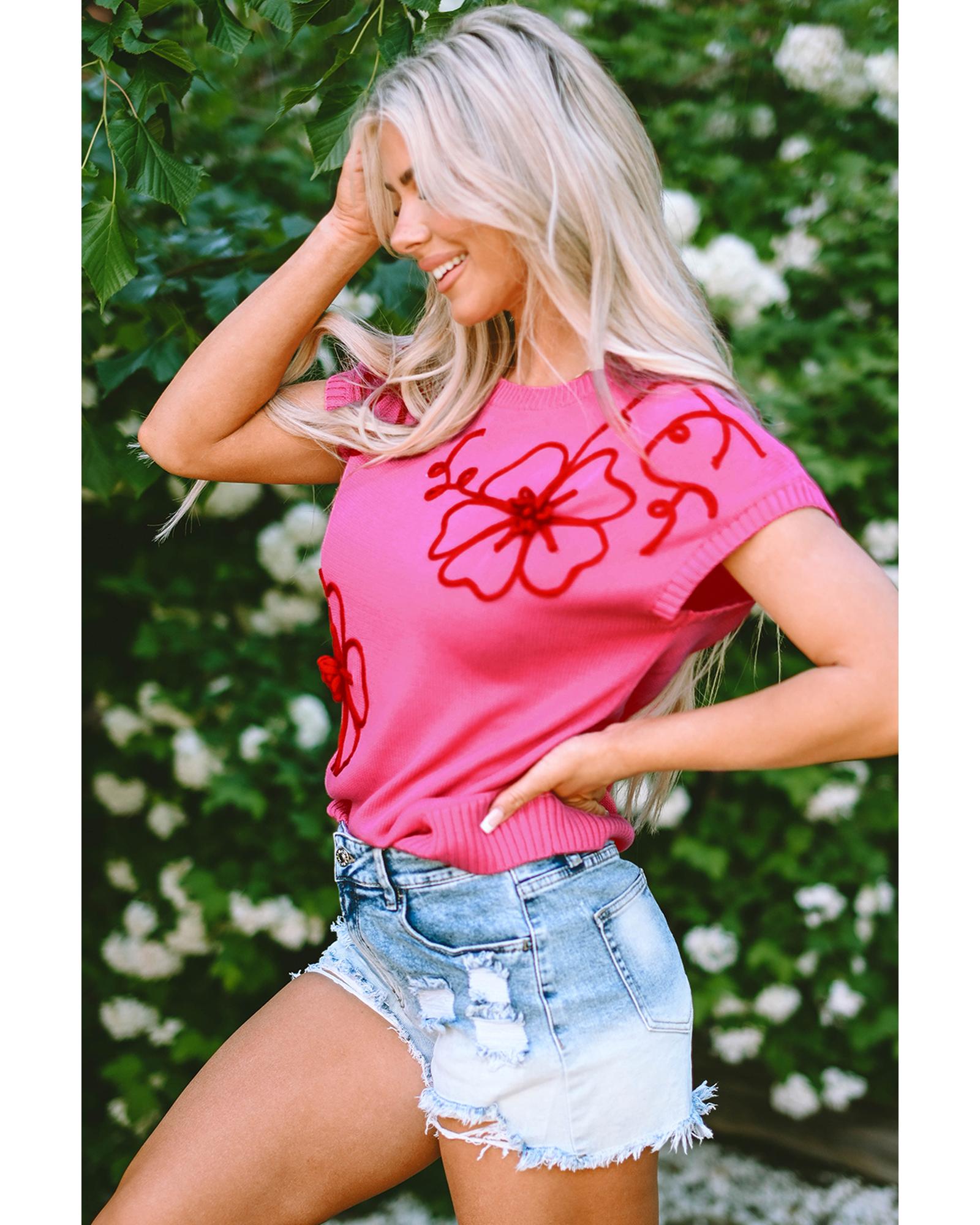 Bright Pink Flower Embroidery Short Sleeve Knitwear Top - L