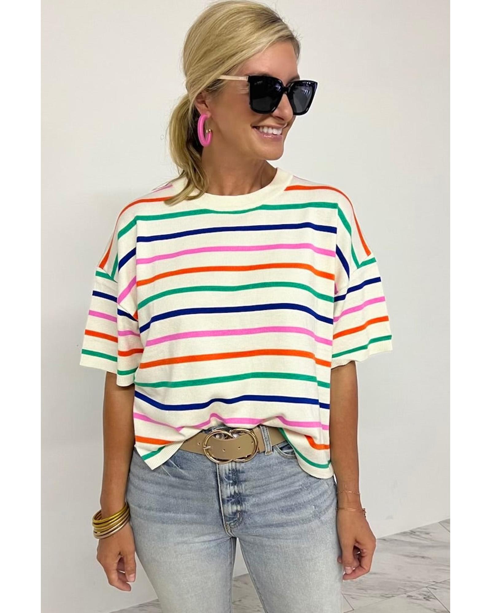 Beige Stripe Dropped Short Sleeve Boxy Fit Knitted Top - L