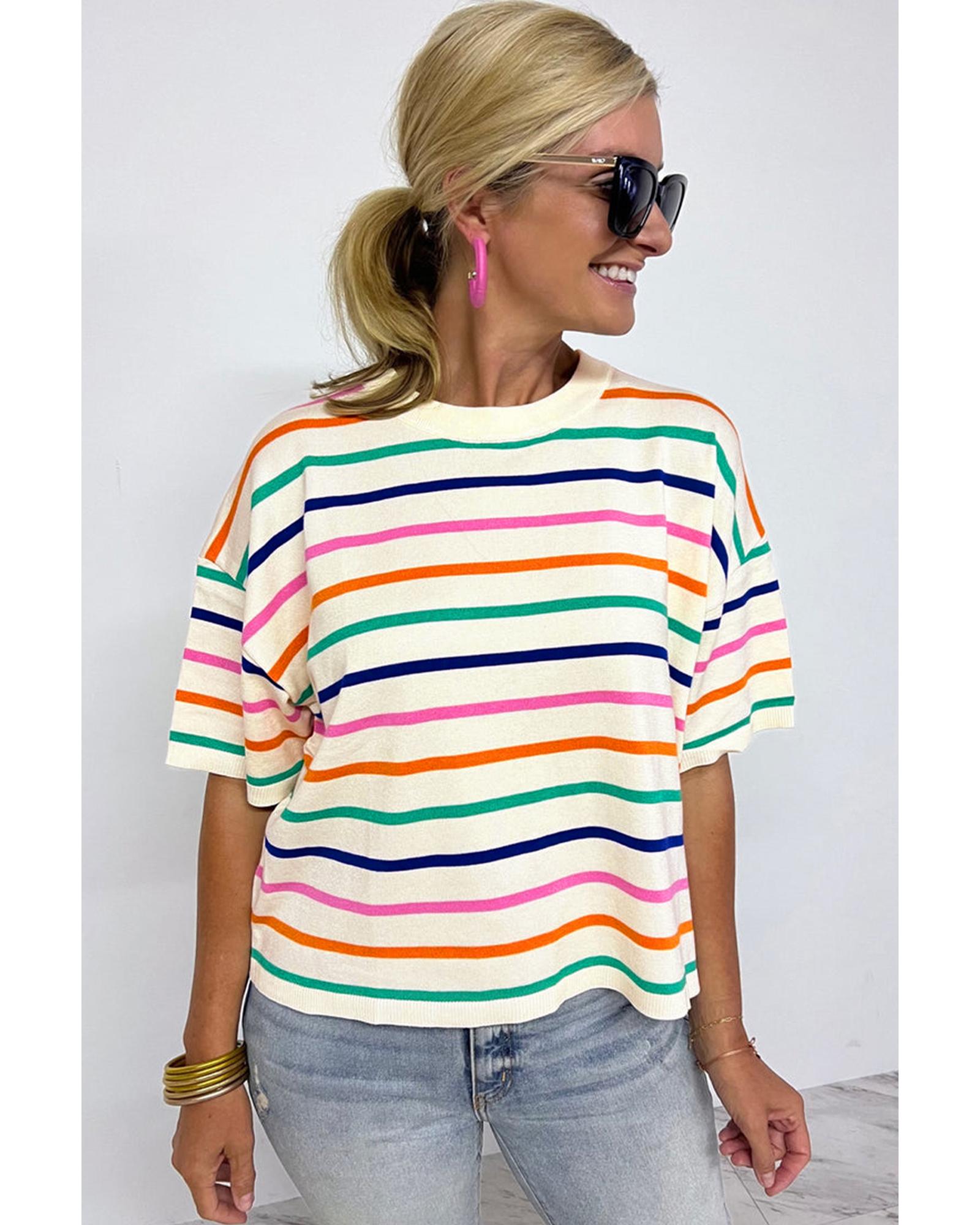 Beige Stripe Dropped Short Sleeve Boxy Fit Knitted Top - S