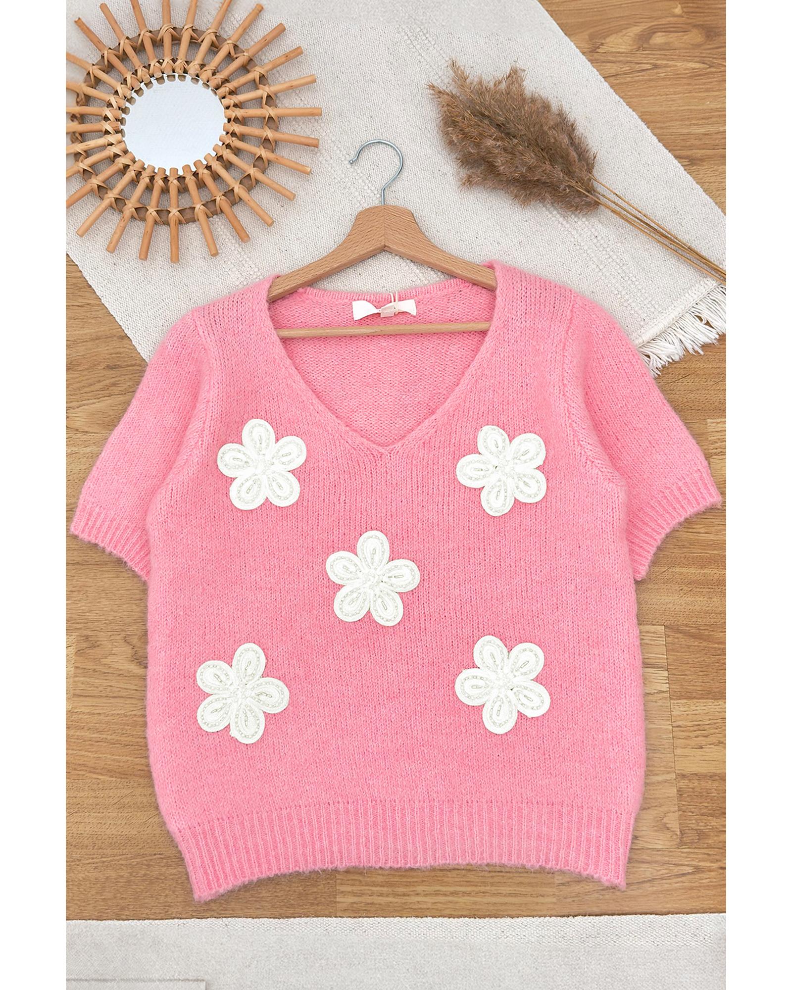 Pink Flower Crochet V Neck Short Sleeve Sweater - L
