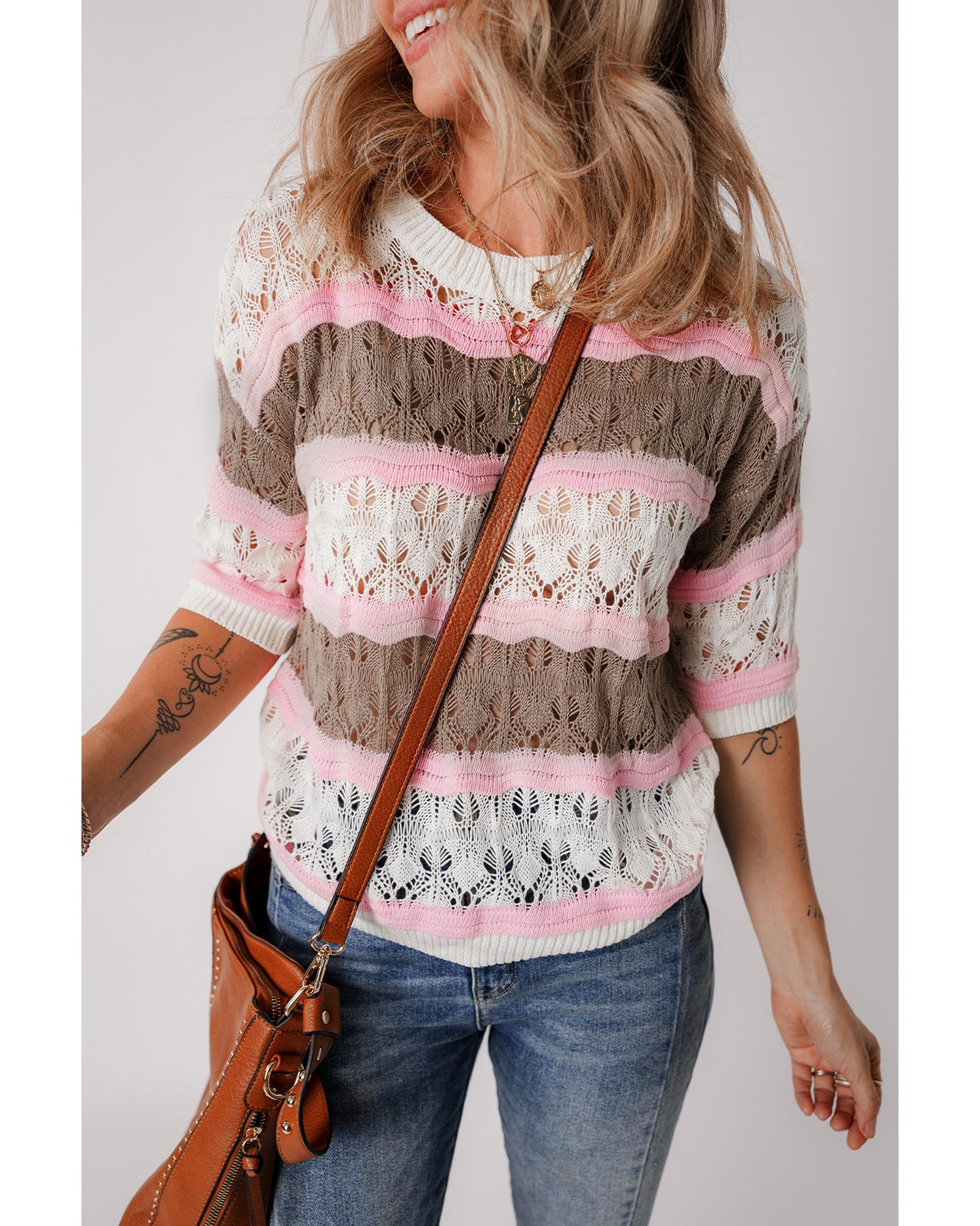 Brown Stripe Color Block Hollow Out Crochet Half Sleeve Sweater - L