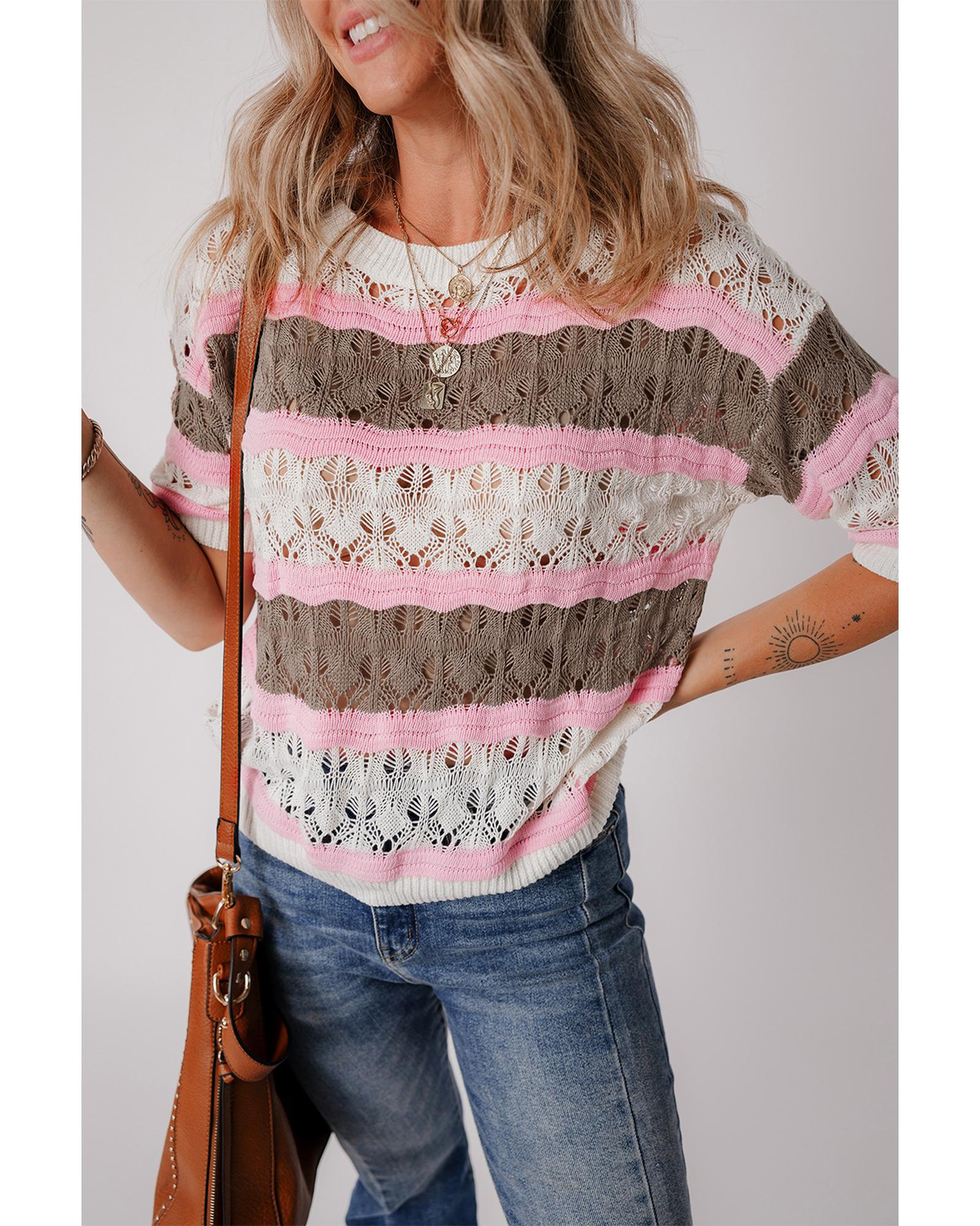 Brown Stripe Color Block Hollow Out Crochet Half Sleeve Sweater - XL