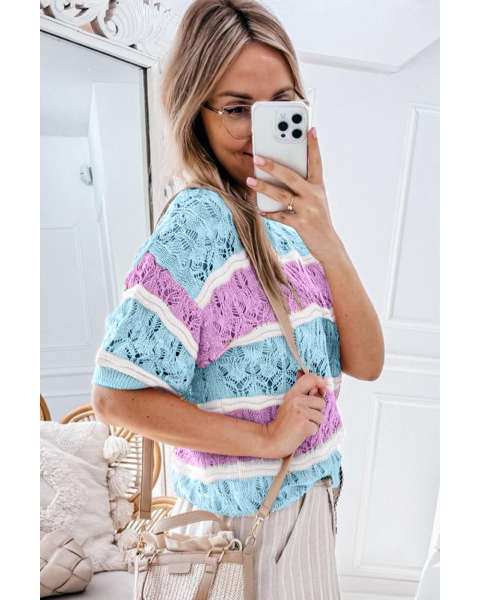 Purple Stripe Color Block Hollow Out Crochet Half Sleeve Sweater - S