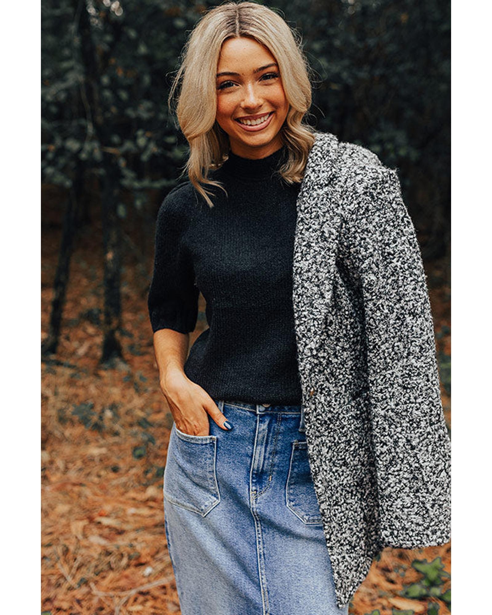 Black Knotted Keyhole Nape Short Sleeve Knit Sweater - M