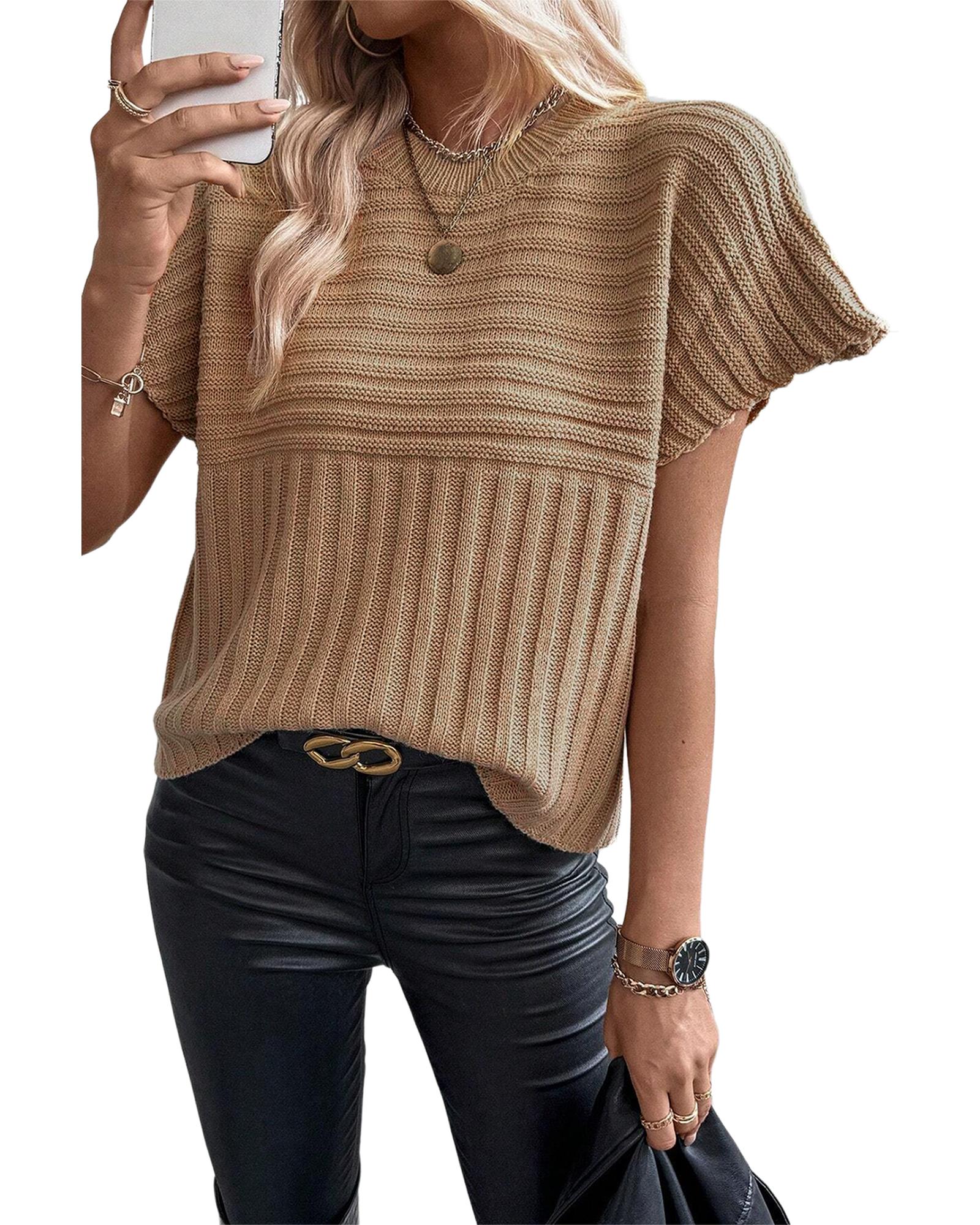 Light French Beige Rib Knitted Wide Sleeve Sweater T Shirt - L