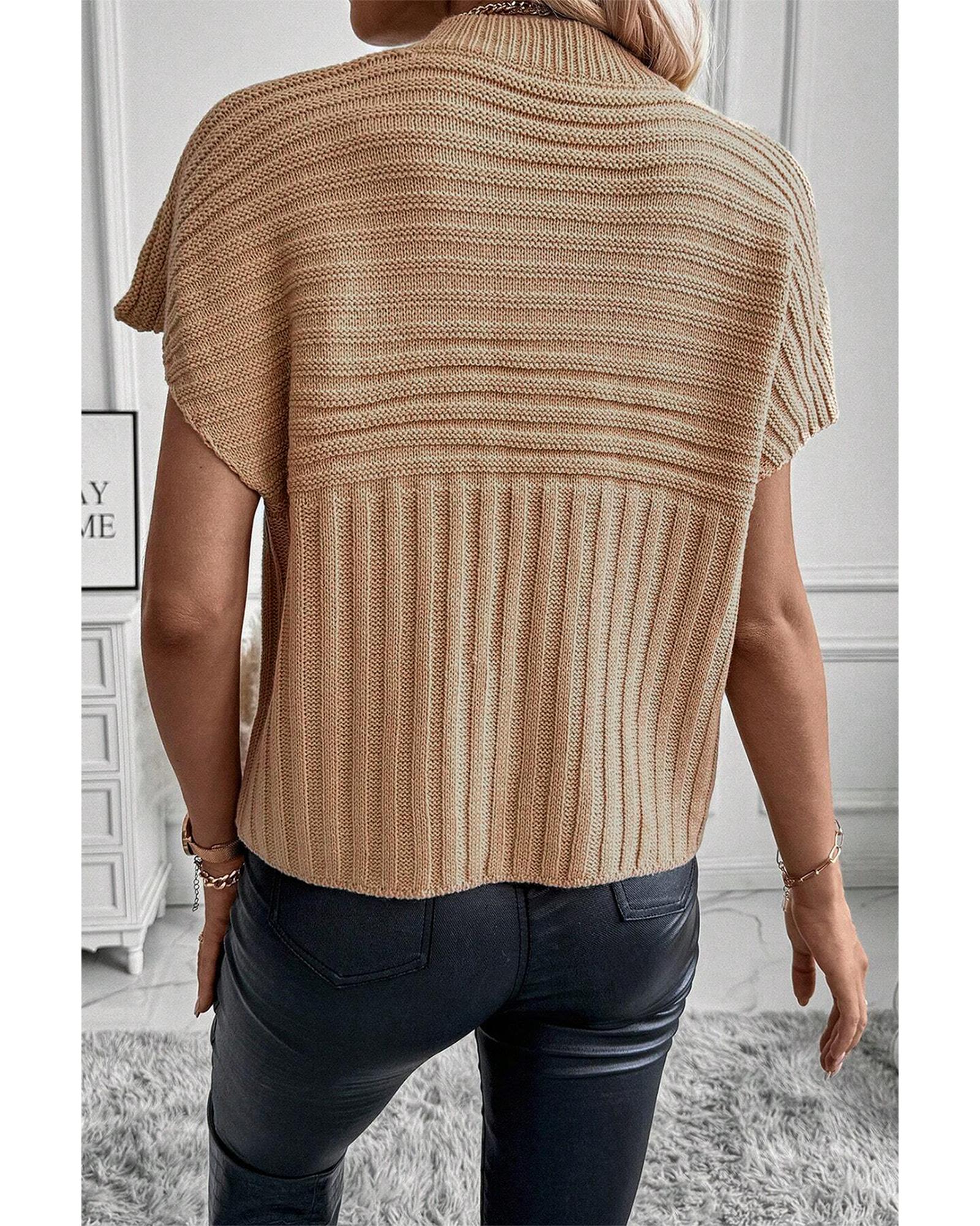 Light French Beige Rib Knitted Wide Sleeve Sweater T Shirt - XL