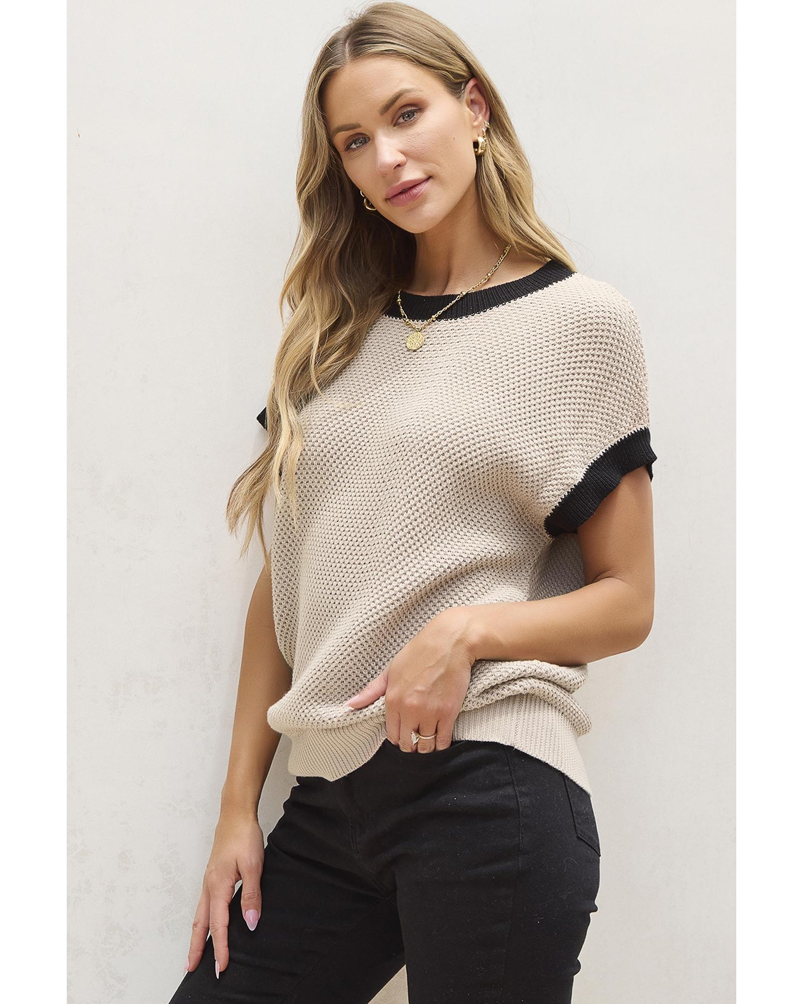 Light French Beige Contrast Trim Round Neck Batwing Sleeve Sweater Top - M