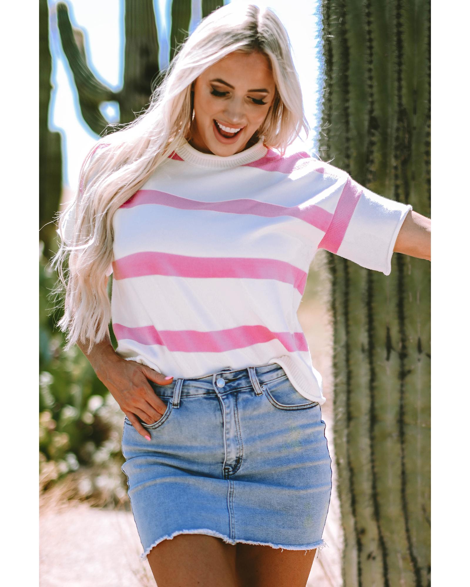 Pink Stripe Dropped Short Sleeve Lightweight Knitted Top - L