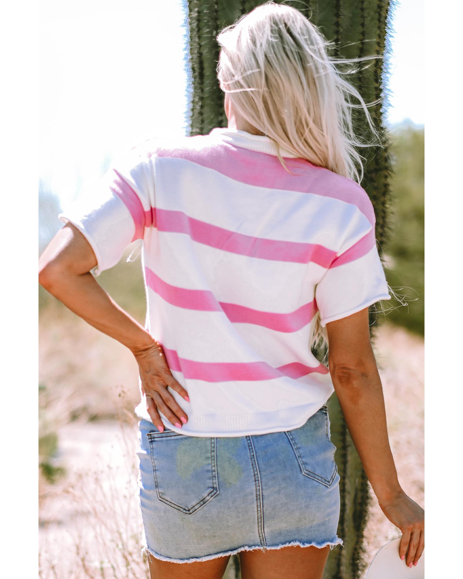 Pink Stripe Dropped Short Sleeve Lightweight Knitted Top - XL
