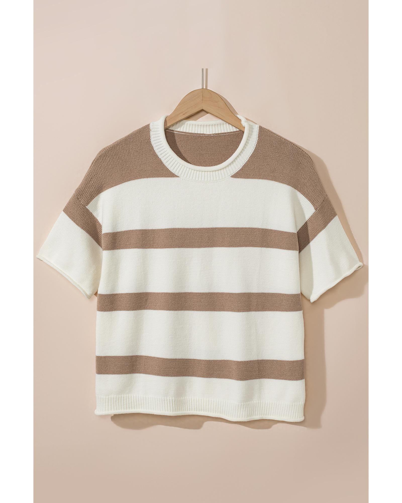 Khaki Stripe Dropped Short Sleeve Lightweight Knitted Top - L