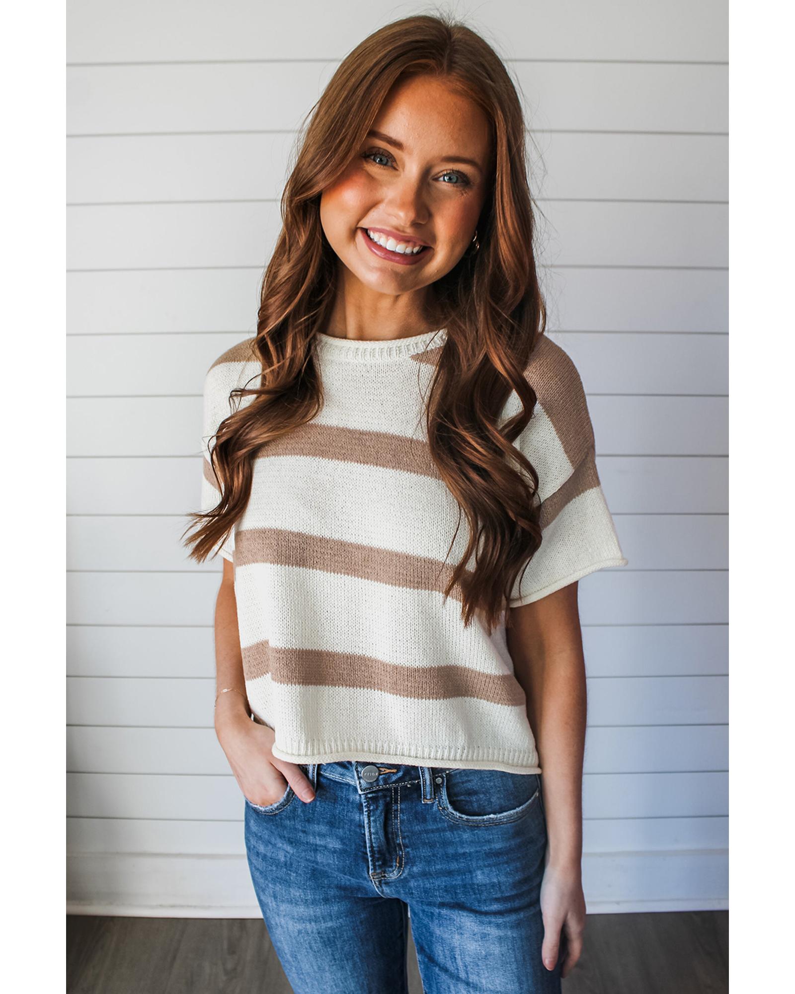 Khaki Stripe Dropped Short Sleeve Lightweight Knitted Top - L