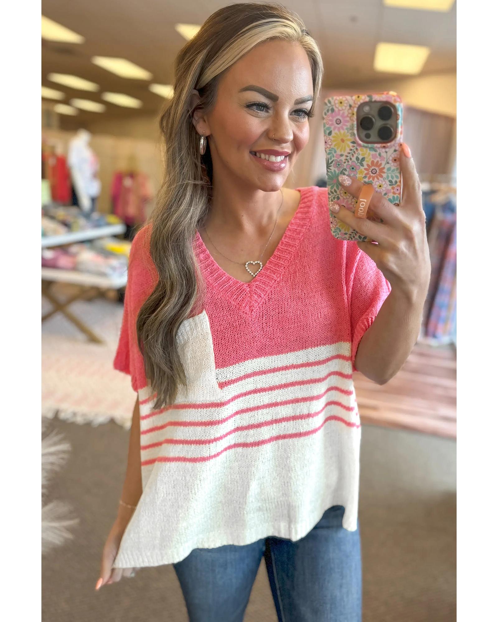 Strawberry Pink Contrast Stripes V Neck Knitted Short Sleeve Top - M