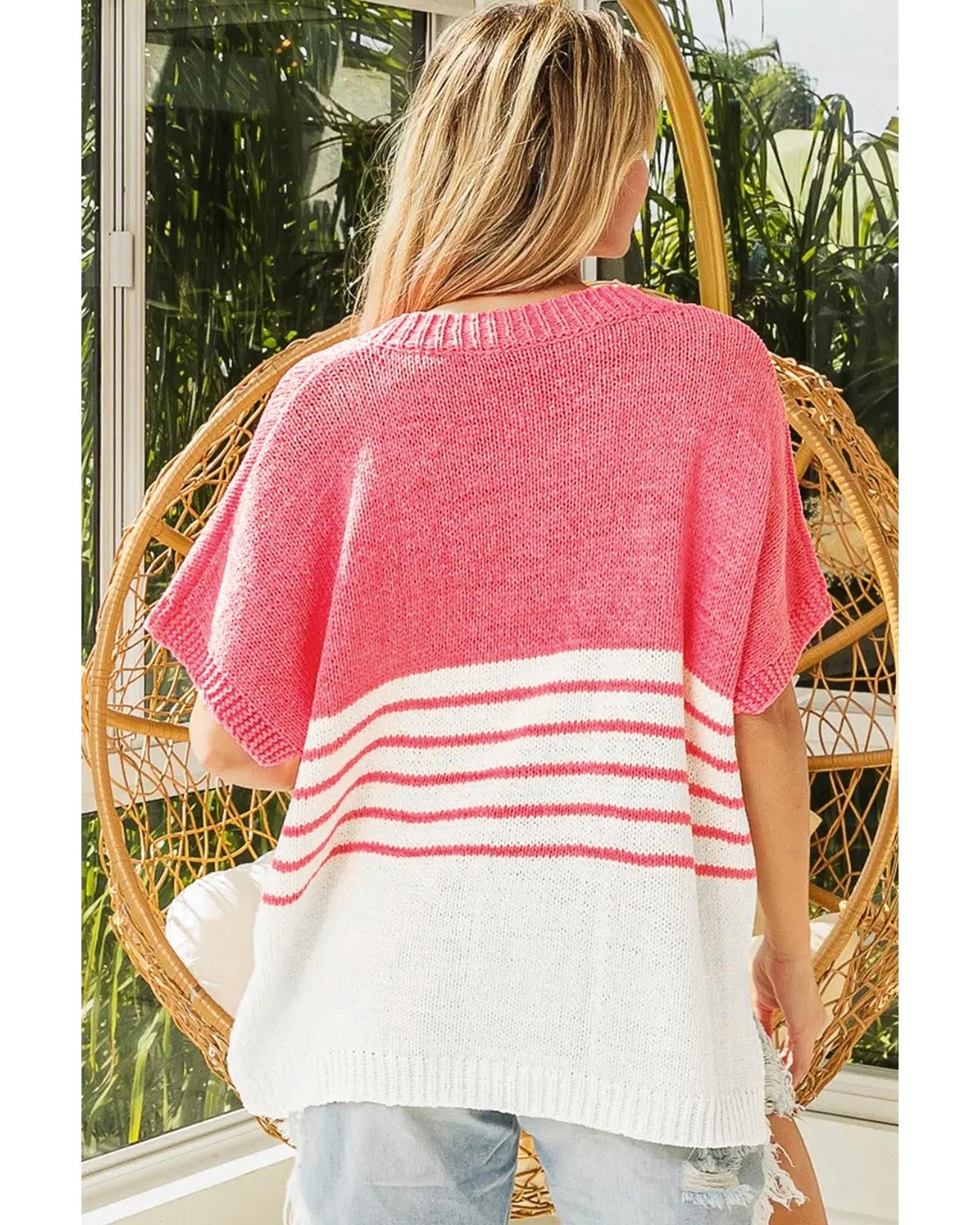 Strawberry Pink Contrast Stripes V Neck Knitted Short Sleeve Top - M