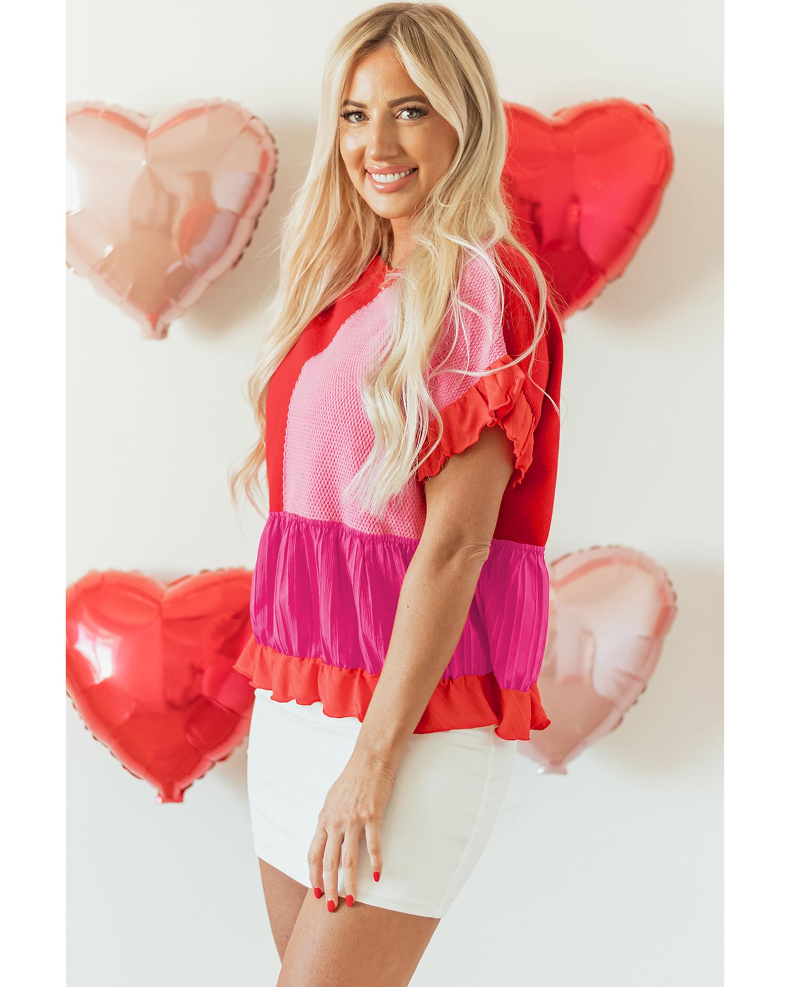 Tomato Red Mix Knitted Patchwork Ruffle Trim Loose Sweater - L