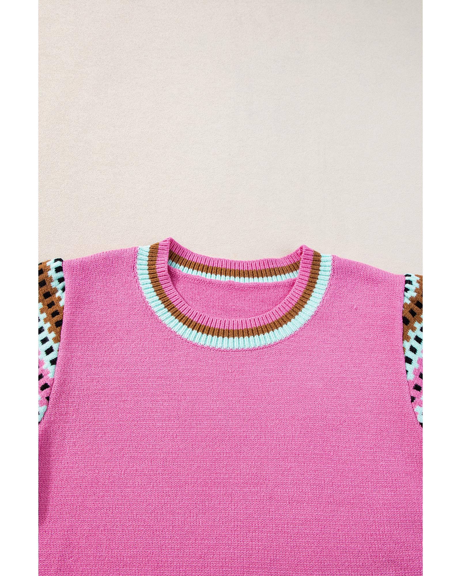 Bright Pink Contrast Printed Cap Sleeves Crewneck Sweater - M
