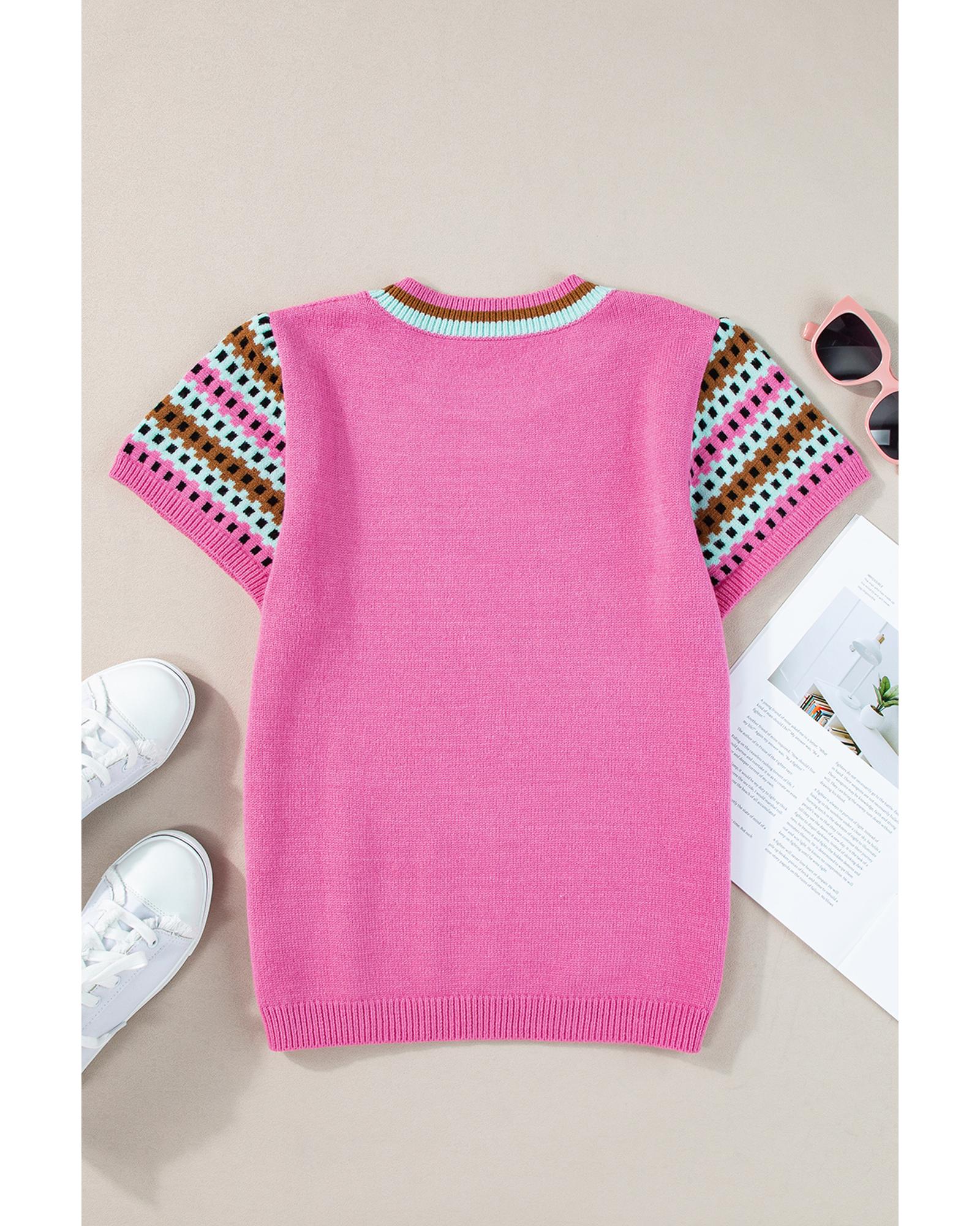 Bright Pink Contrast Printed Cap Sleeves Crewneck Sweater - XL