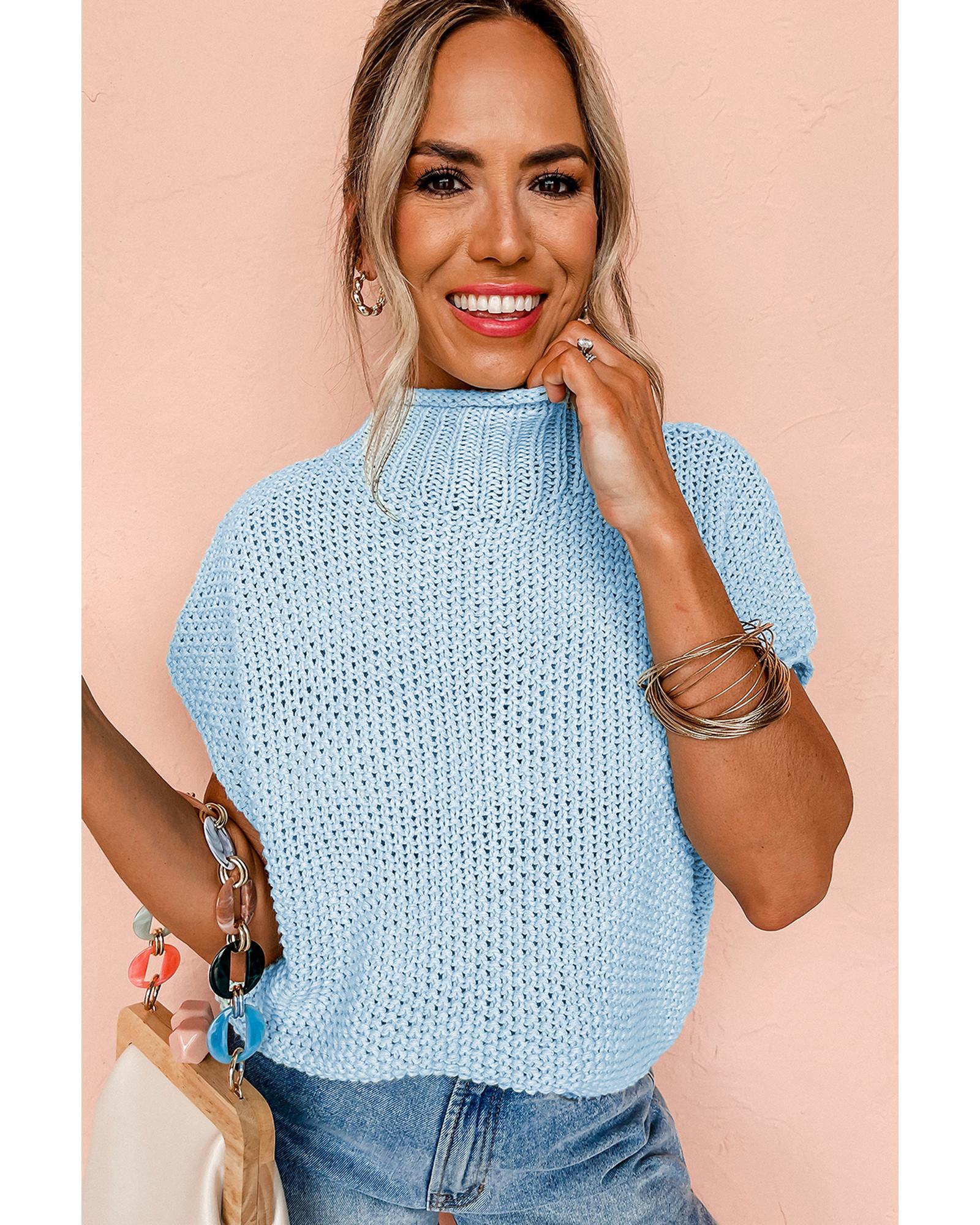 Iceland Blue High Neck Bat Short Sleeve Sweater - L