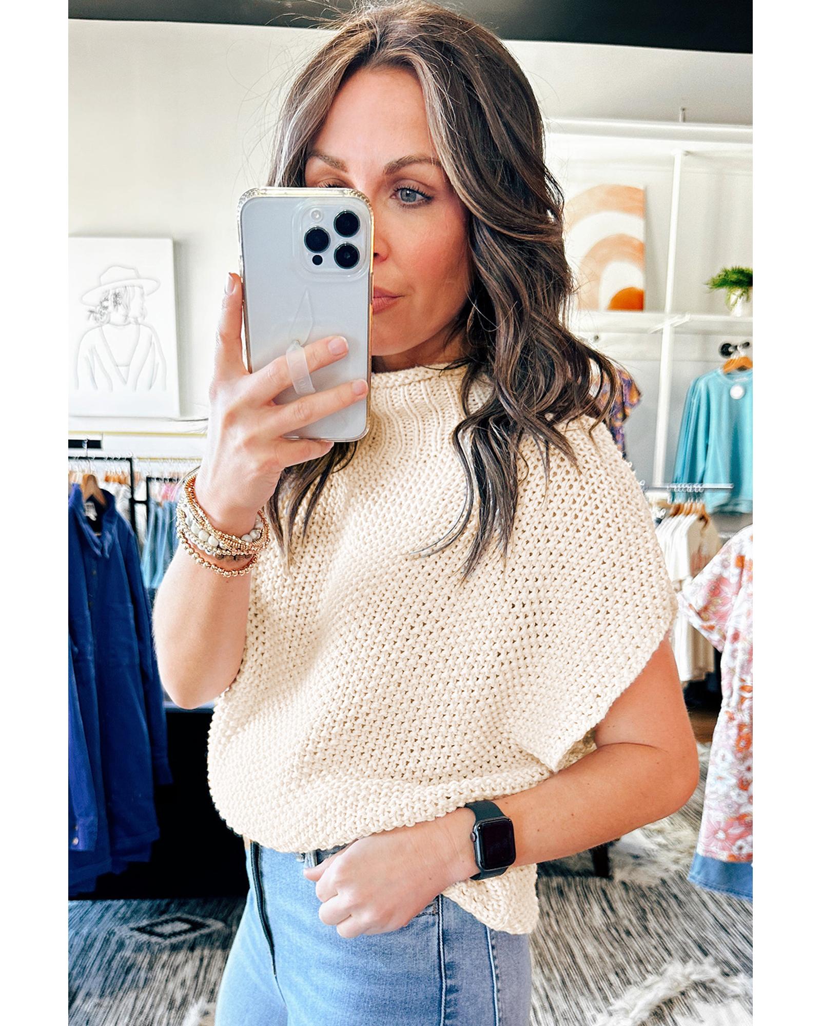 Beige High Neck Bat Short Sleeve Sweater - L