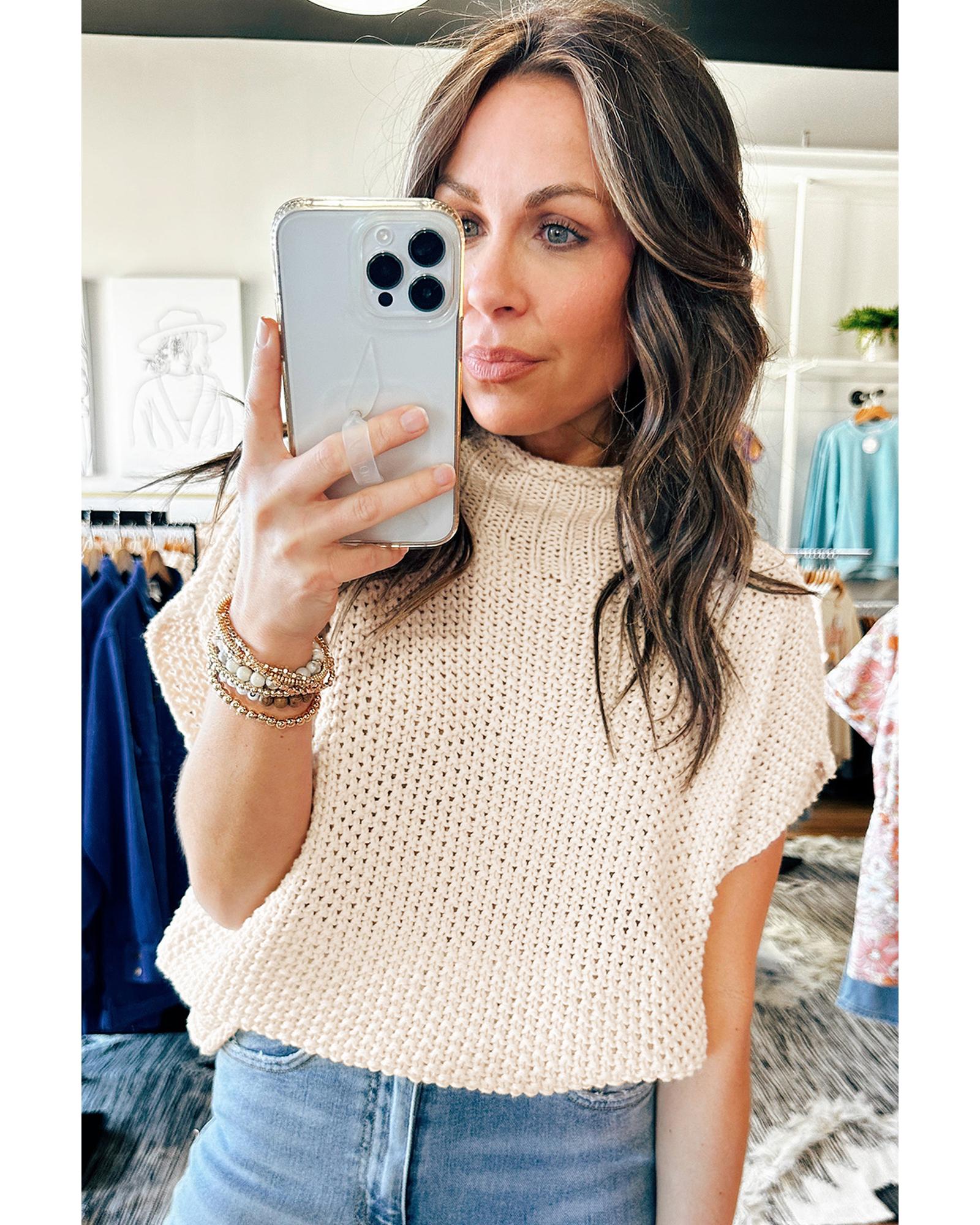 Beige High Neck Bat Short Sleeve Sweater - L