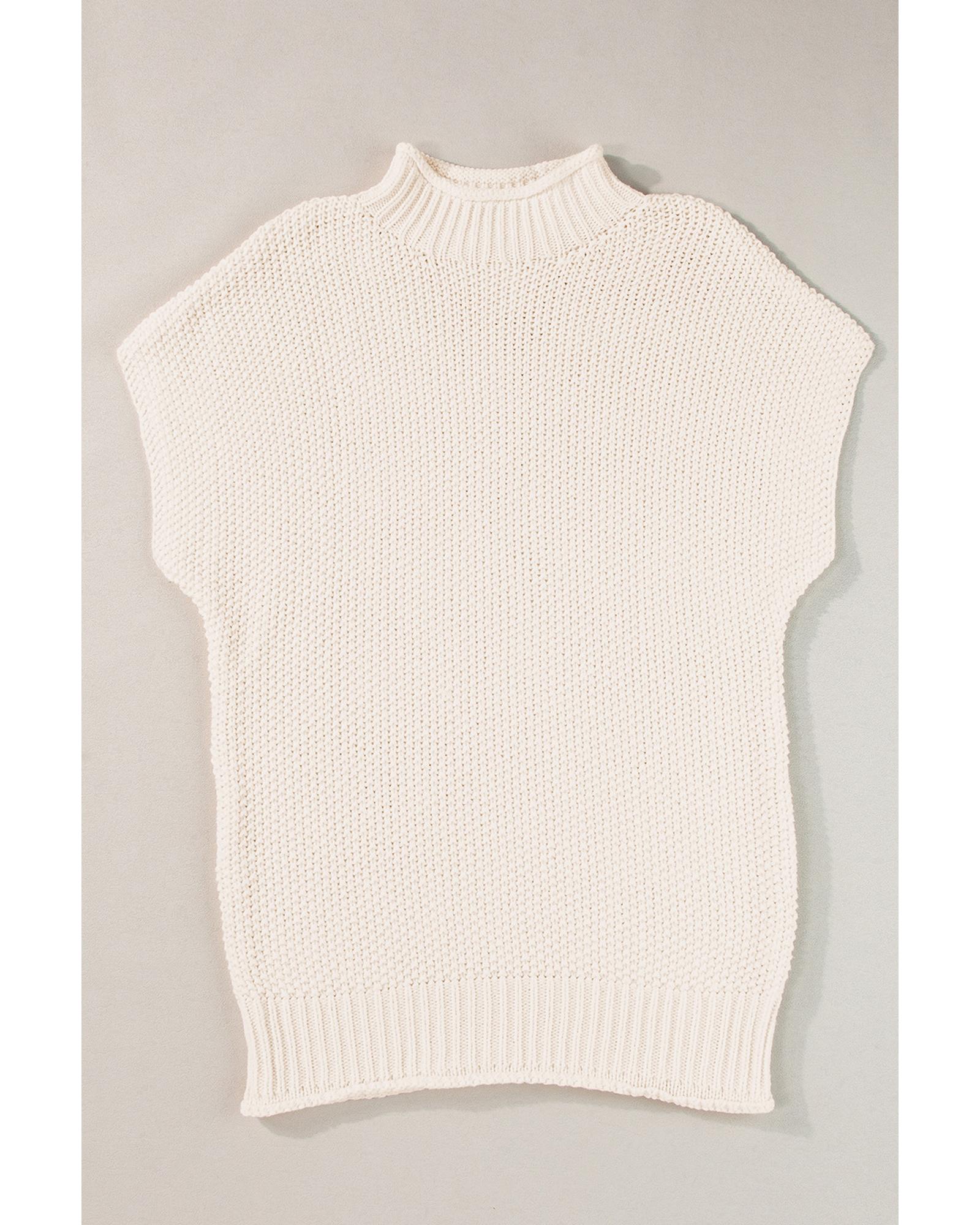 Beige High Neck Bat Short Sleeve Sweater - L