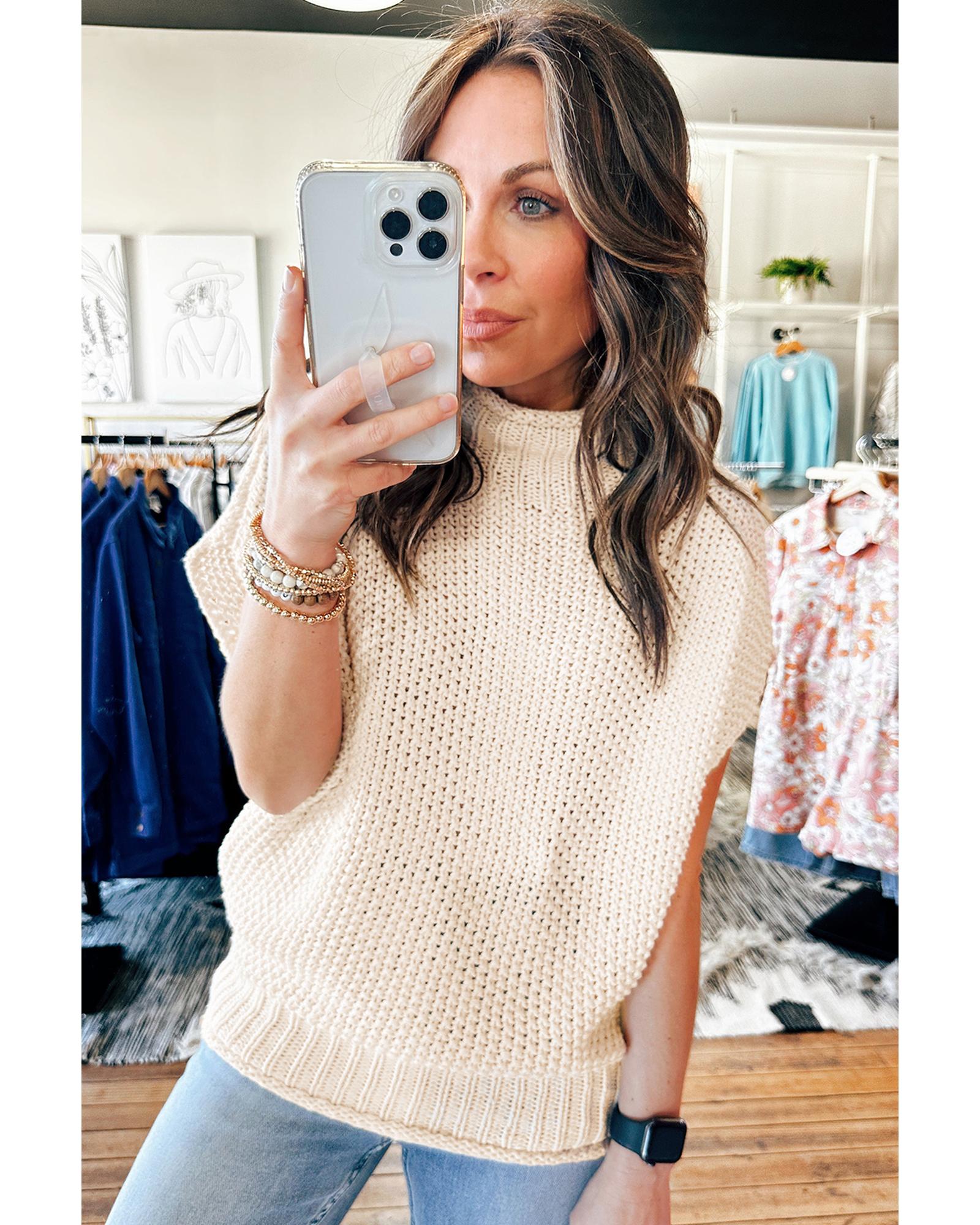 Beige High Neck Bat Short Sleeve Sweater - L