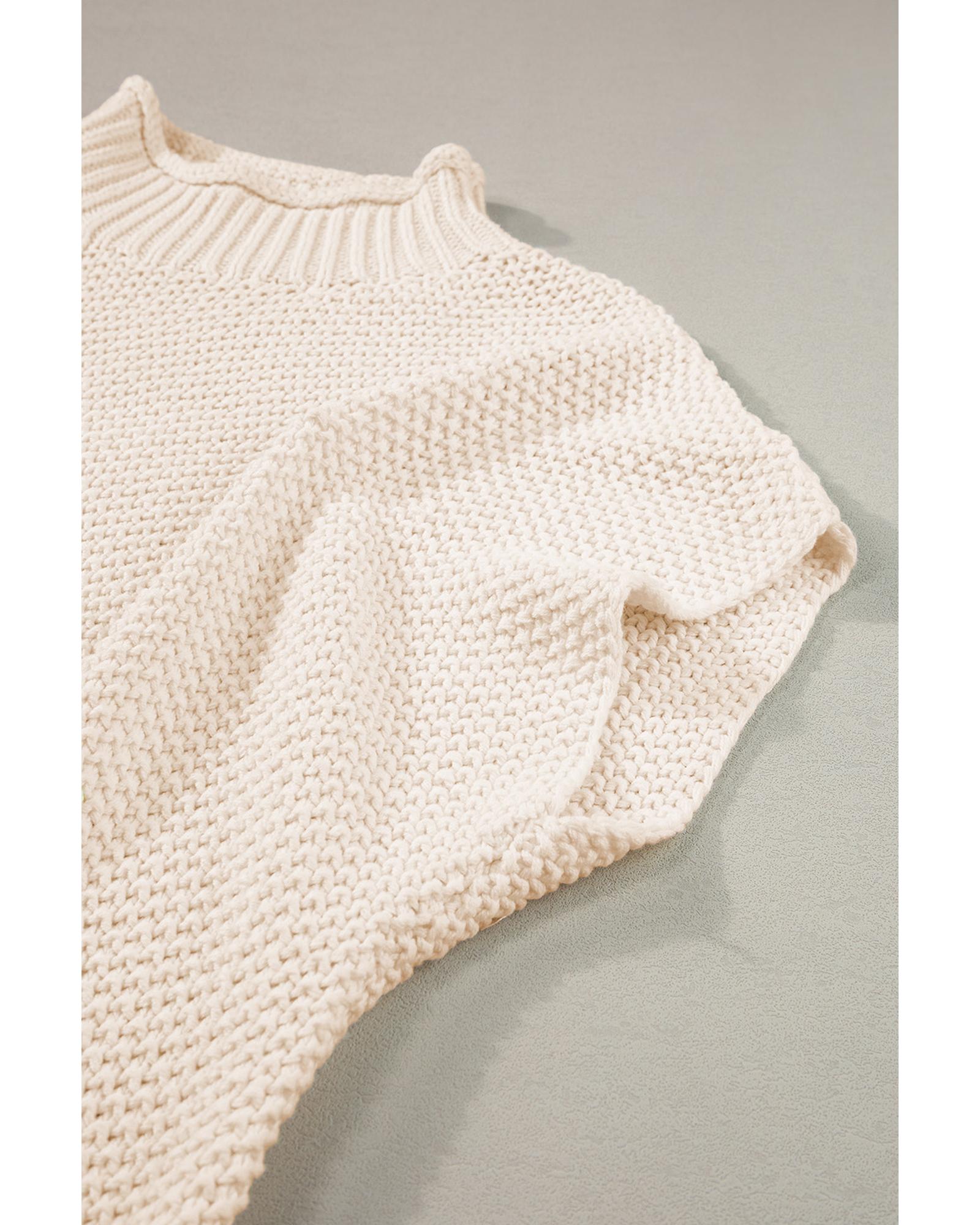 Beige High Neck Bat Short Sleeve Sweater - L