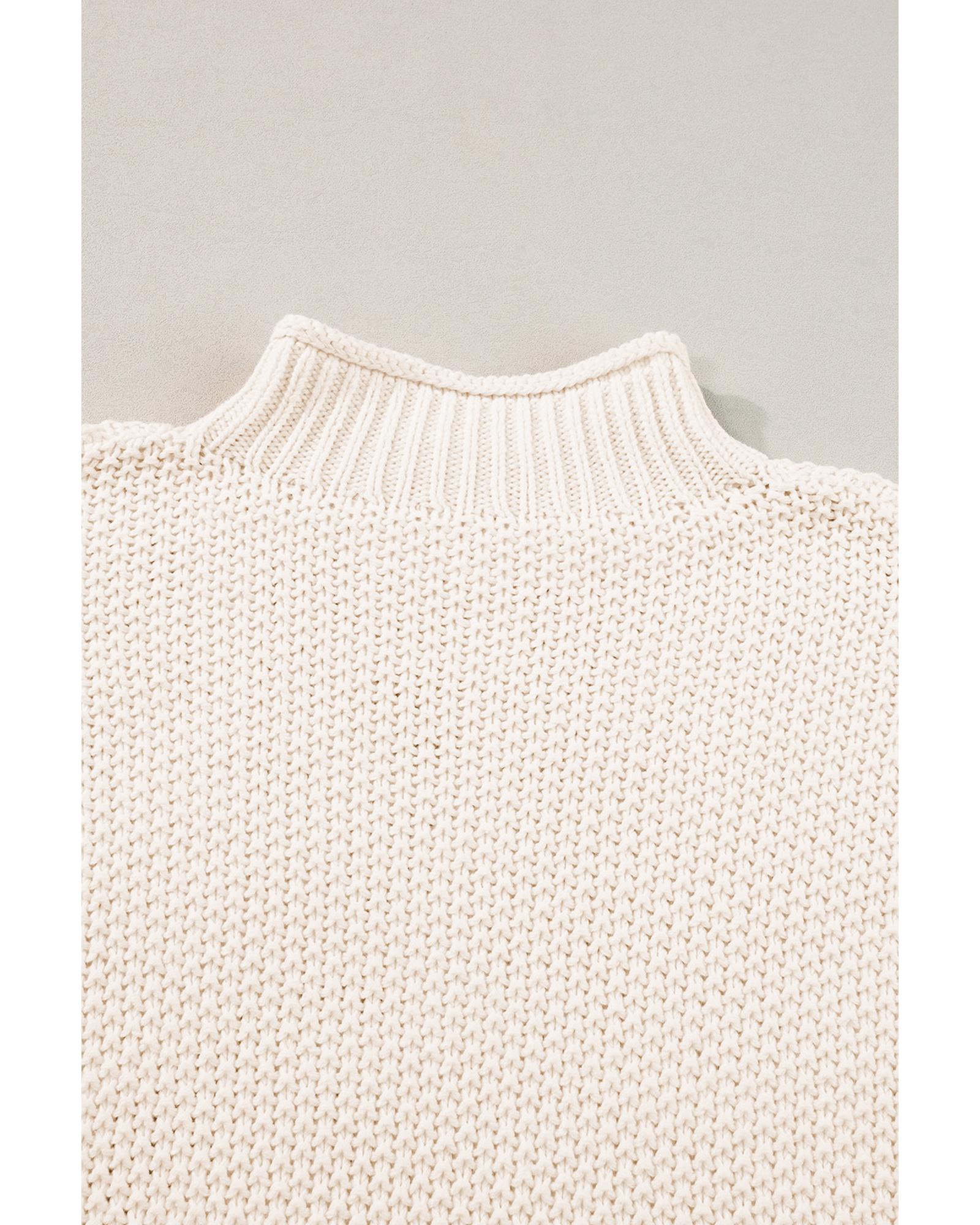 Beige High Neck Bat Short Sleeve Sweater - L