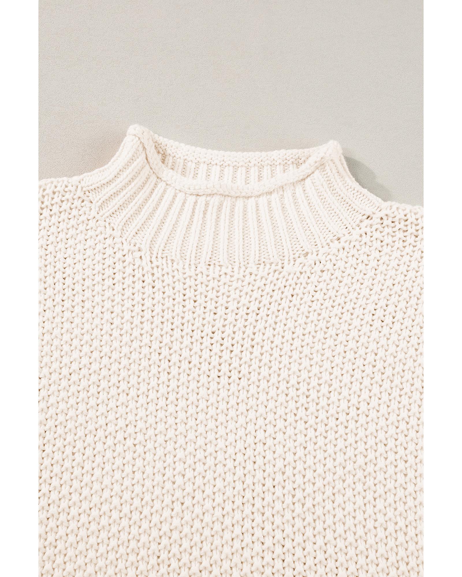 Beige High Neck Bat Short Sleeve Sweater - L