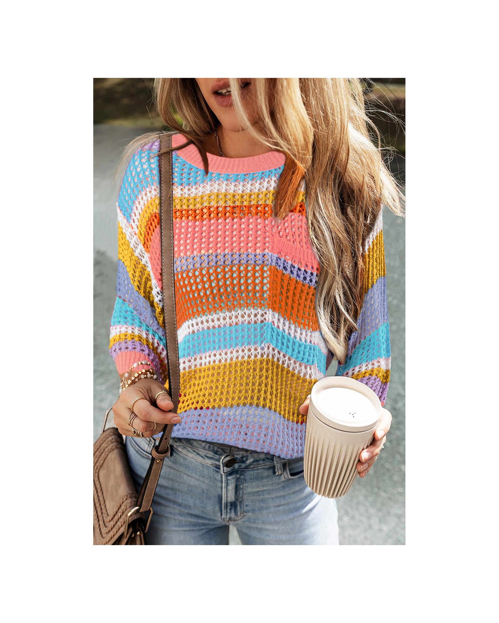 Pink Stripe Colorblock Hollowed Crochet 3/4 Sleeve Sweater - L