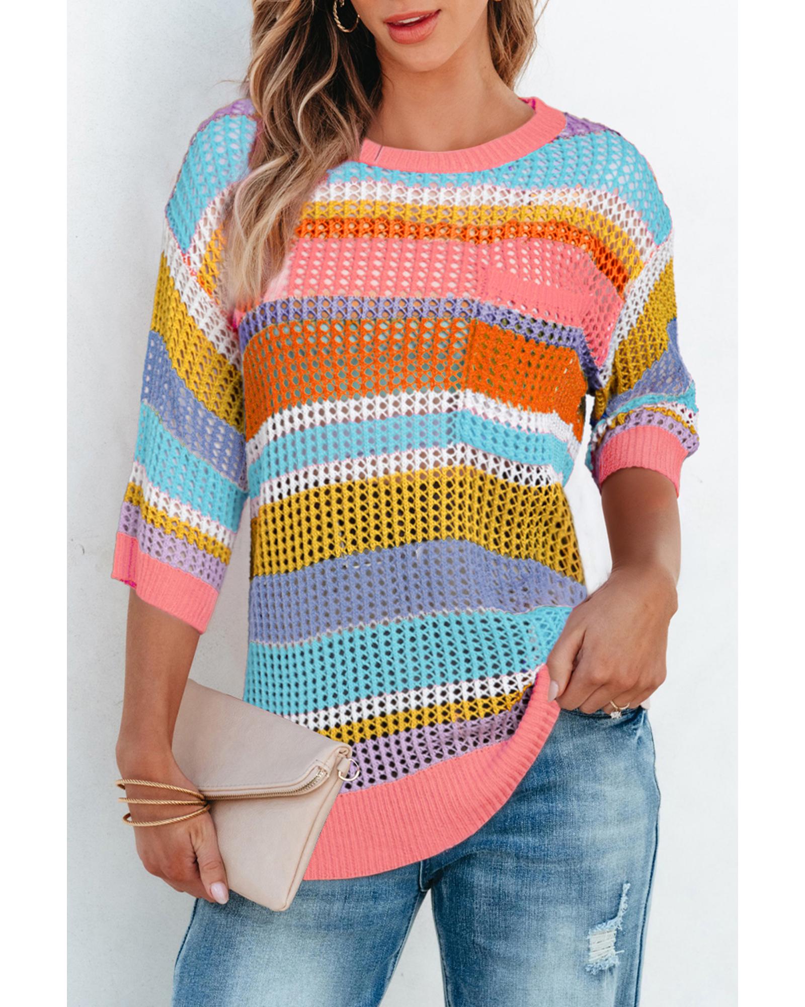 Pink Stripe Colorblock Hollowed Crochet 3/4 Sleeve Sweater - M