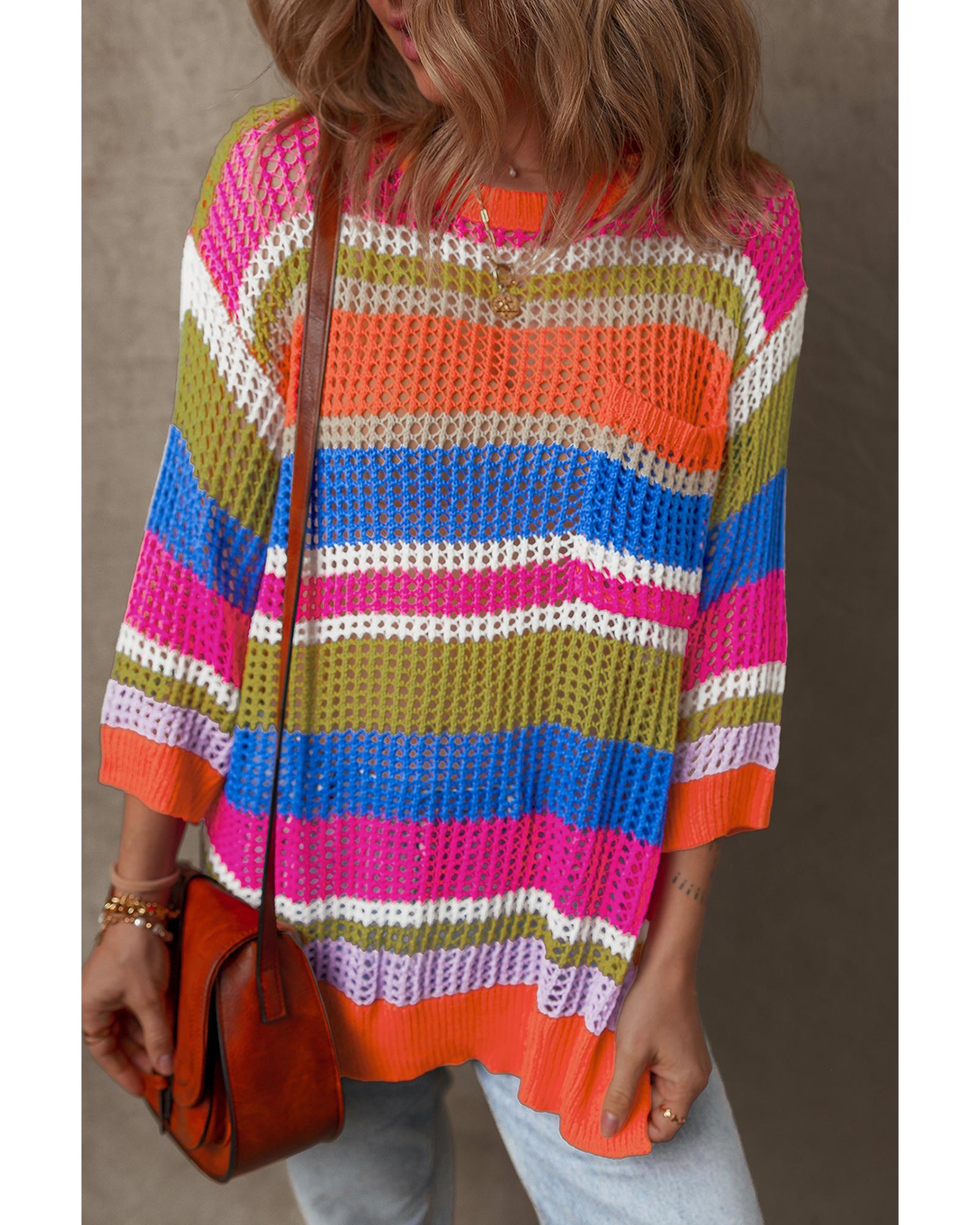 Orange Stripe Colorblock Hollowed Crochet 3/4 Sleeve Sweater - L