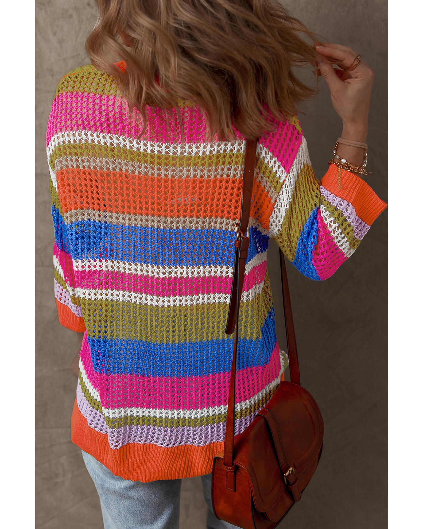 Orange Stripe Colorblock Hollowed Crochet 3/4 Sleeve Sweater - M