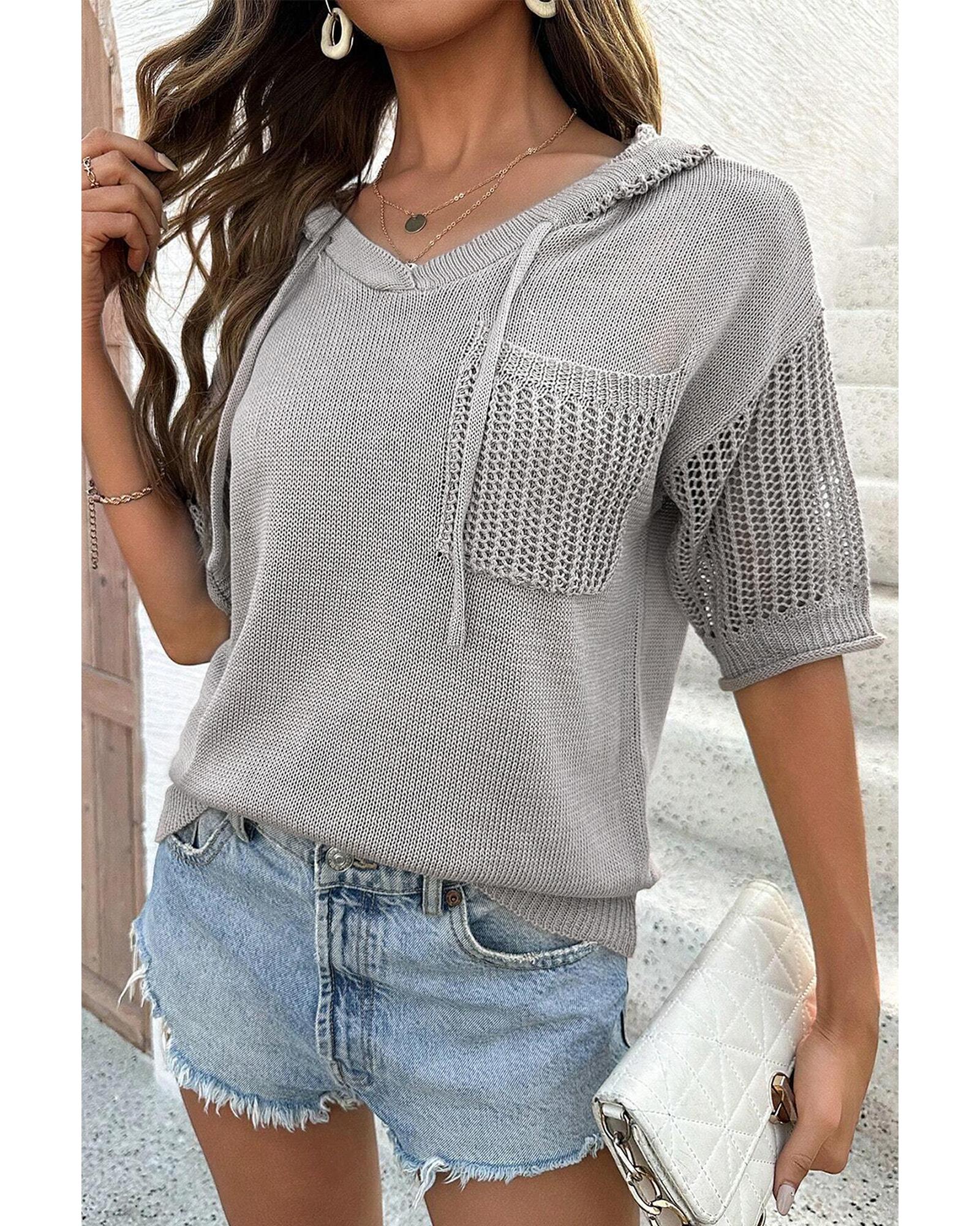 Light Grey Openwork Drawstring Hooded Short Sleeve Sweater Top - XL